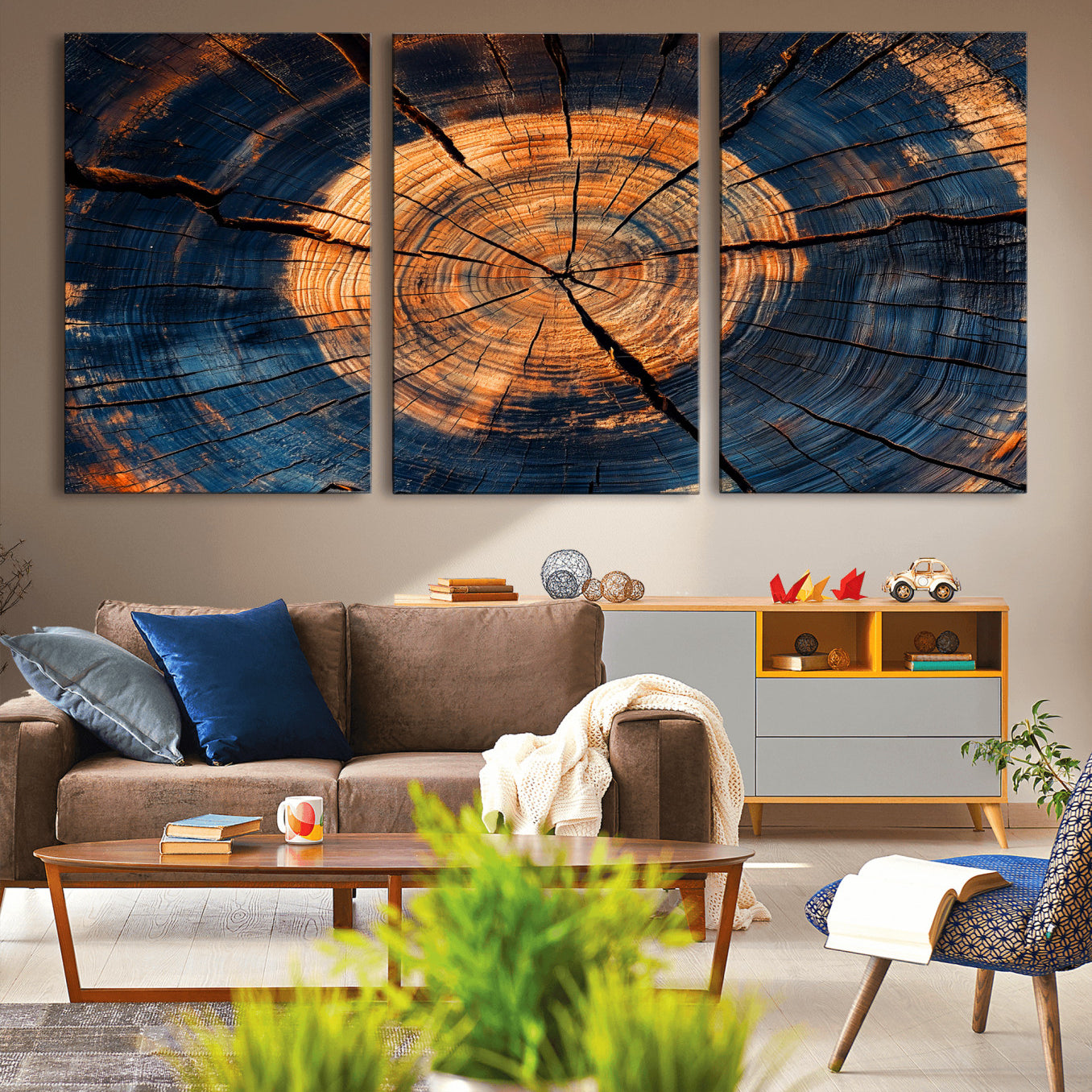 18975622-MGV-CV-60X30-3P-Burnt Wood Wall Art Canvas Print – Framed Aged Timber Tree Artwork, Rustic Decor Perfect for Home, Office