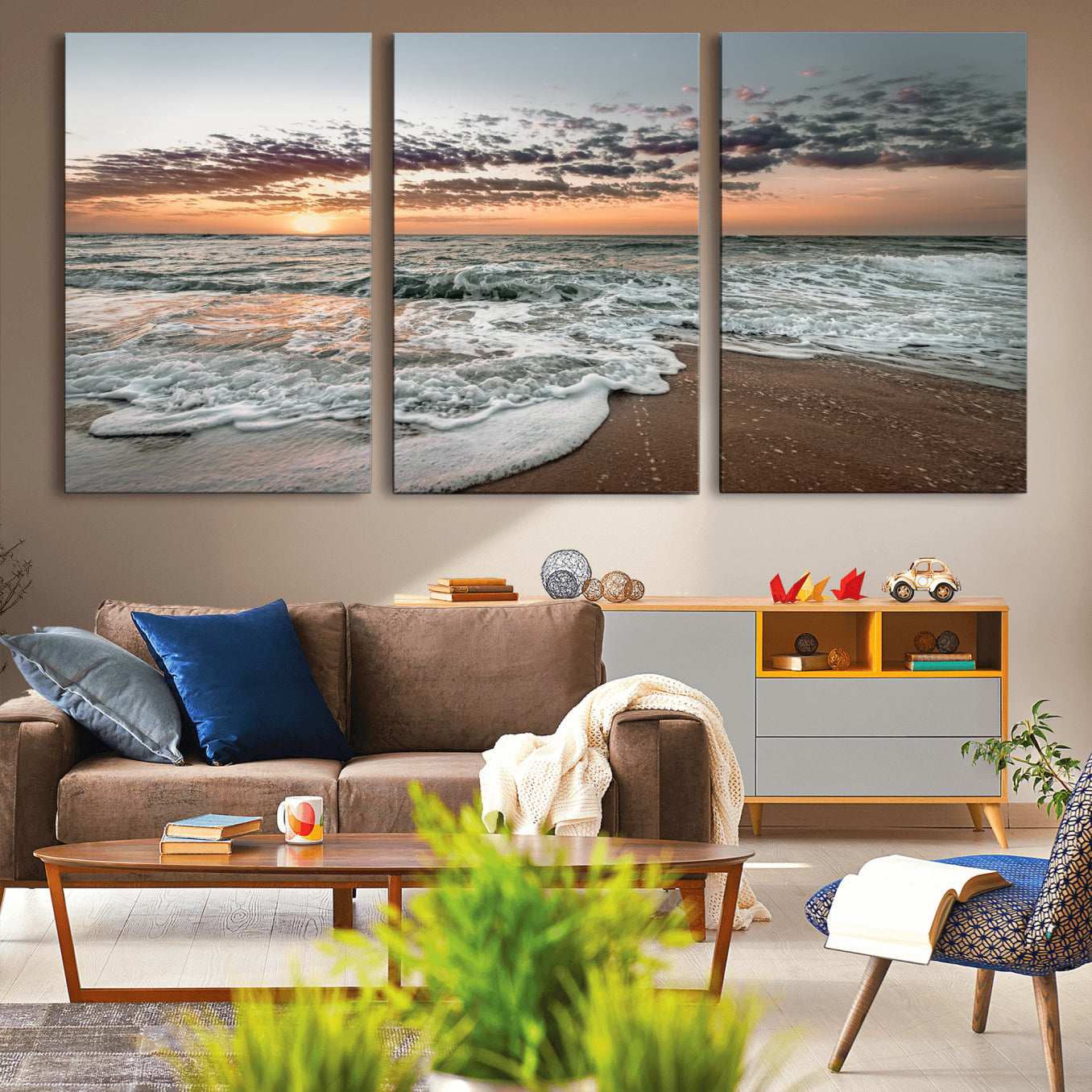 40632752-MGV-CV-36X24-Ocean Sunset Wall Art Canvas Print – Framed Beach Waves Scene with Coastal Artwork for Home, Office, Living Room