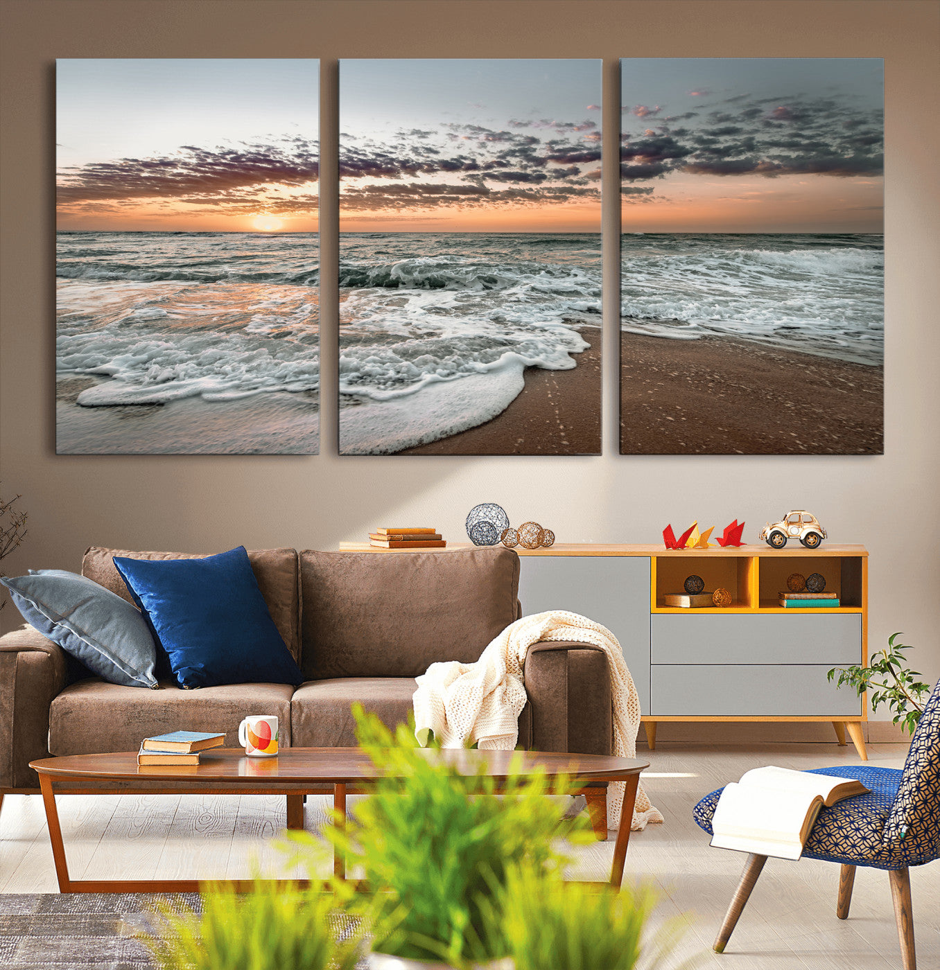 40632752-MGV-CV-36X24-Ocean Sunset Wall Art Canvas Print – Framed Beach Waves Scene with Coastal Artwork for Home, Office, Living Room