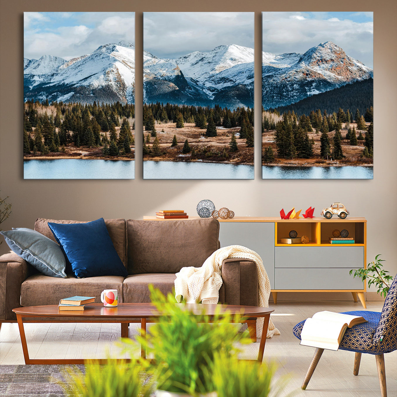 36247746-MGV-CV-36X24-Snowy Peaks Wall Art Canvas Print – Framed Alpine Lake Pine Forest Mountain Landscape Nature Artwork for Home Office