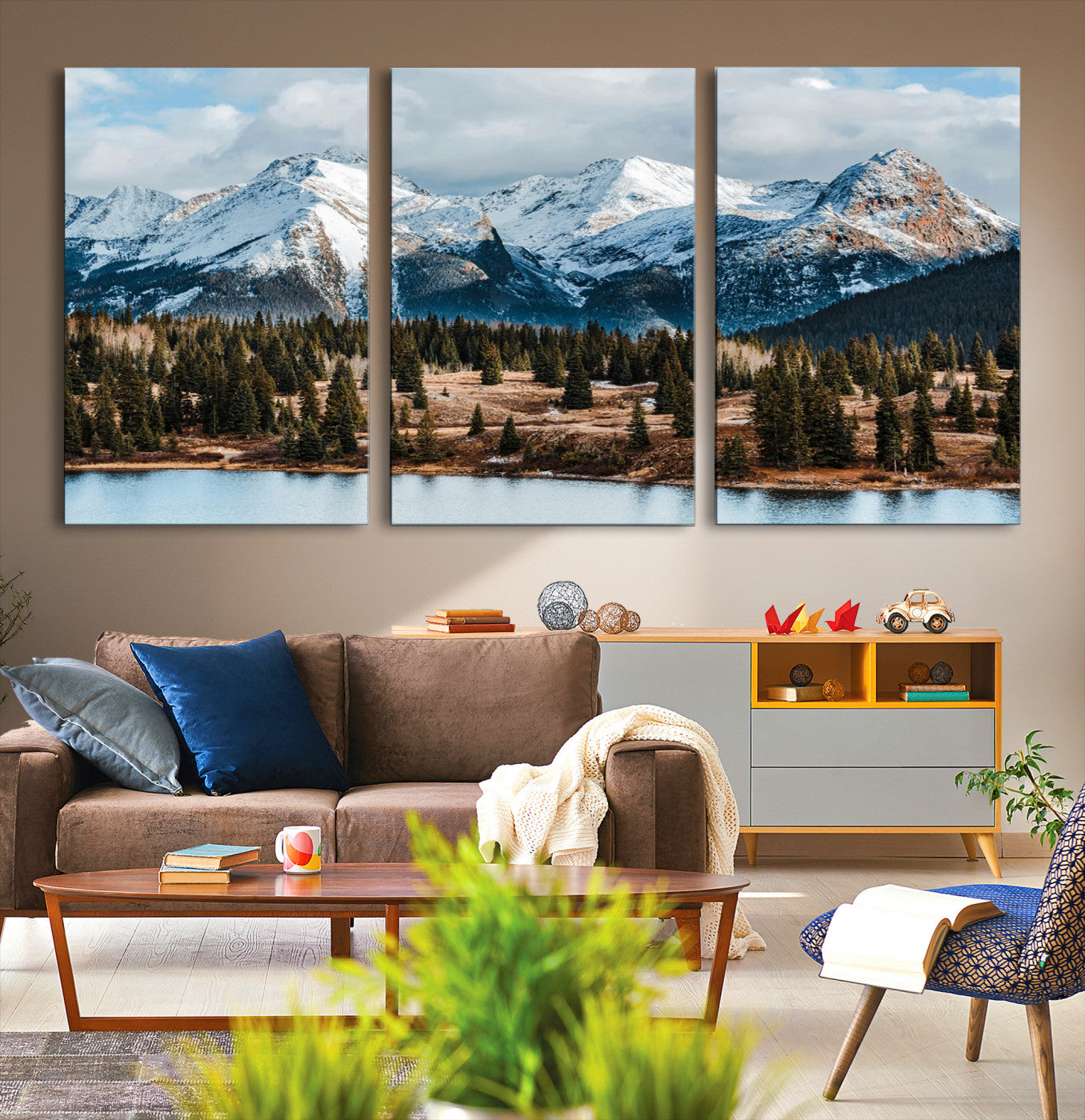 -Snowy Peaks Wall Art Canvas Print, Framed Alpine Lake Art Picture Print, Pine Forest Perfect Alpine