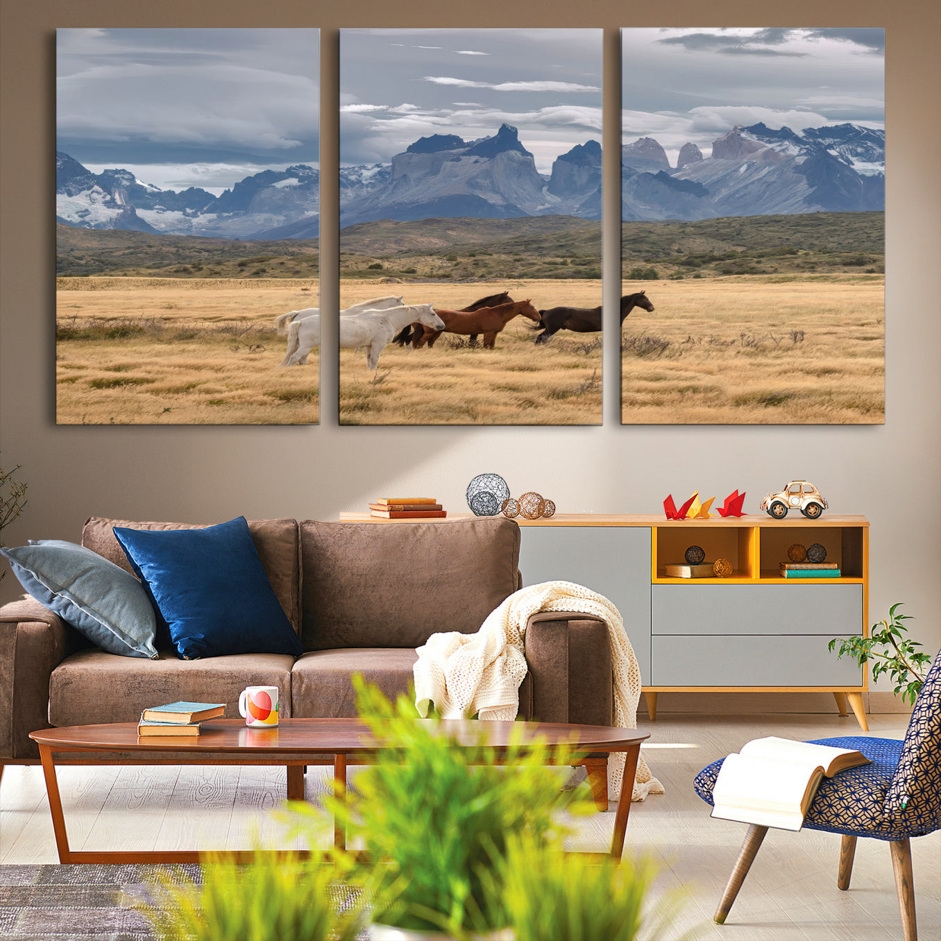 69960232-MGV-CV-36X24-Horses Grazing Wall Art Canvas Print – Framed Mountain Field Scenic Landscape Cloudy Sky Nature Artwork for Home Office