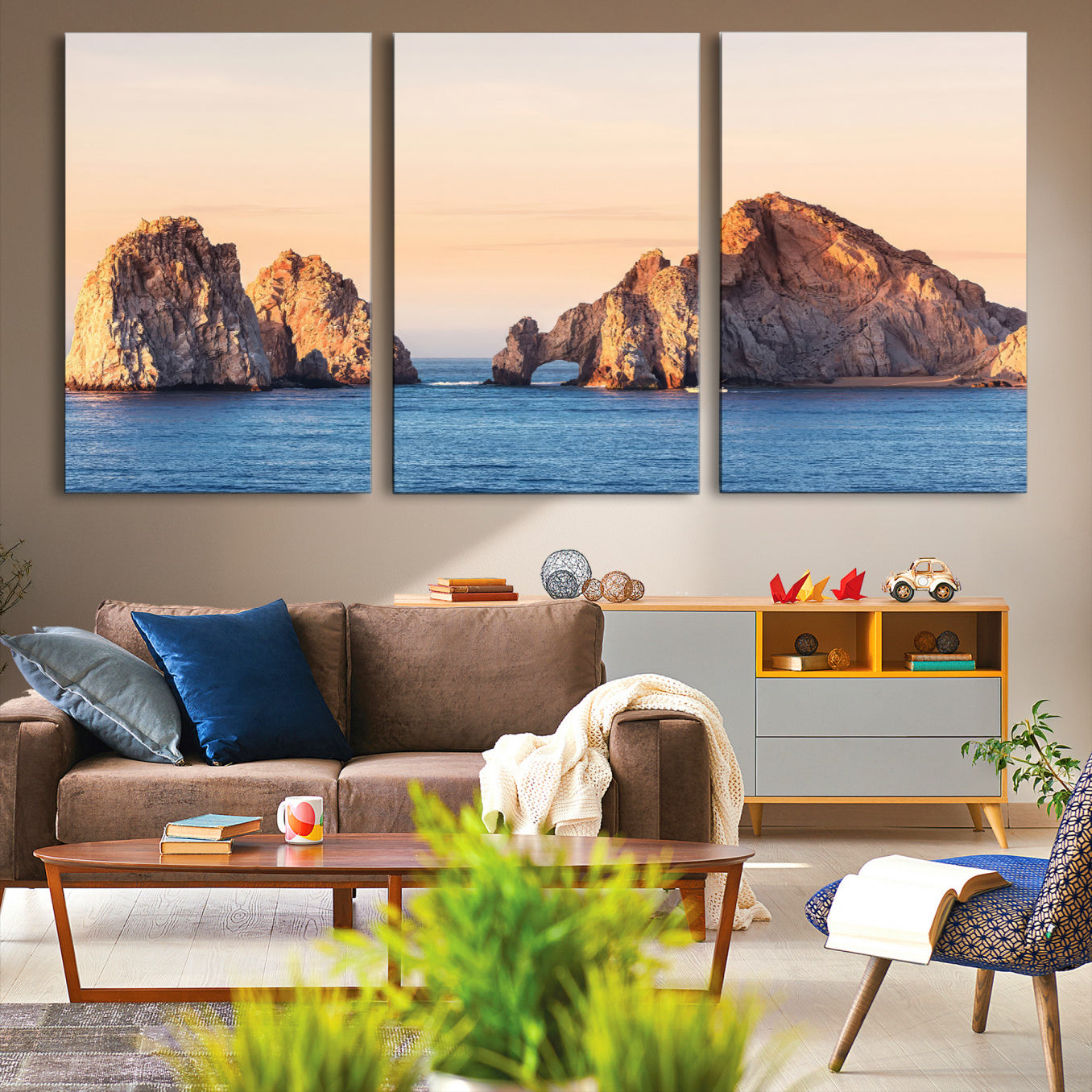 -El Arco Wall Art Canvas Print, Framed Cabo Rocks Art Picture Print, Ocean Arch Perfect Golden