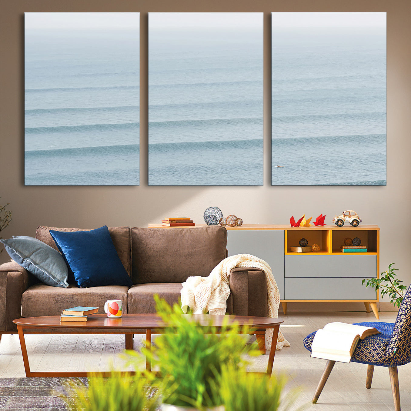 -Ocean Waves Wall Art Canvas Print, Framed Solo Surfer Art Picture Print, Wave Lines Perfect