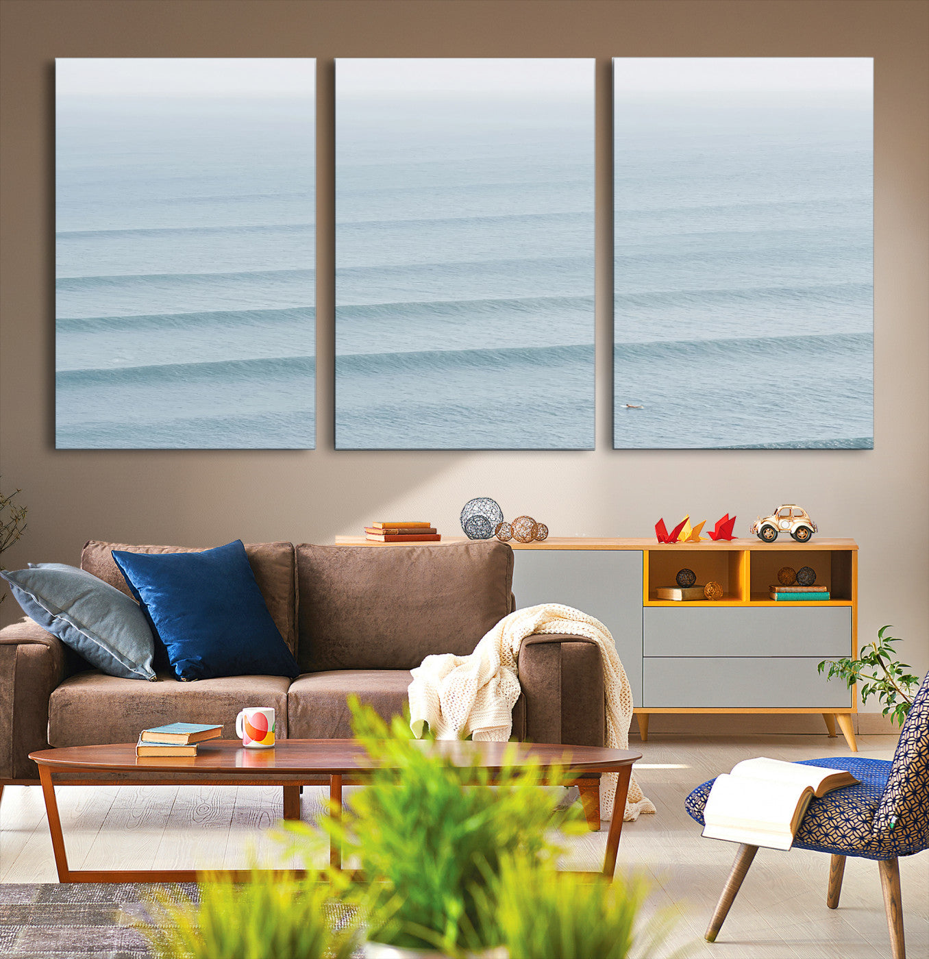 -Ocean Waves Wall Art Canvas Print, Framed Solo Surfer Art Picture Print, Wave Lines Perfect