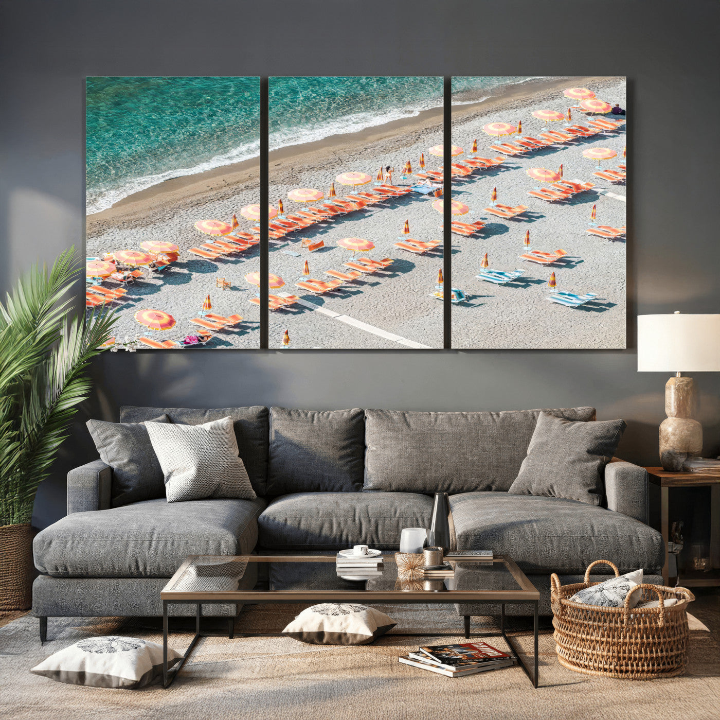27805351-MGV-CV-36X24 - Beach Umbrellas Wall Art – Orange Loungers & Turquoise Water Canvas Print, Sandy Shore and Summer Vibes