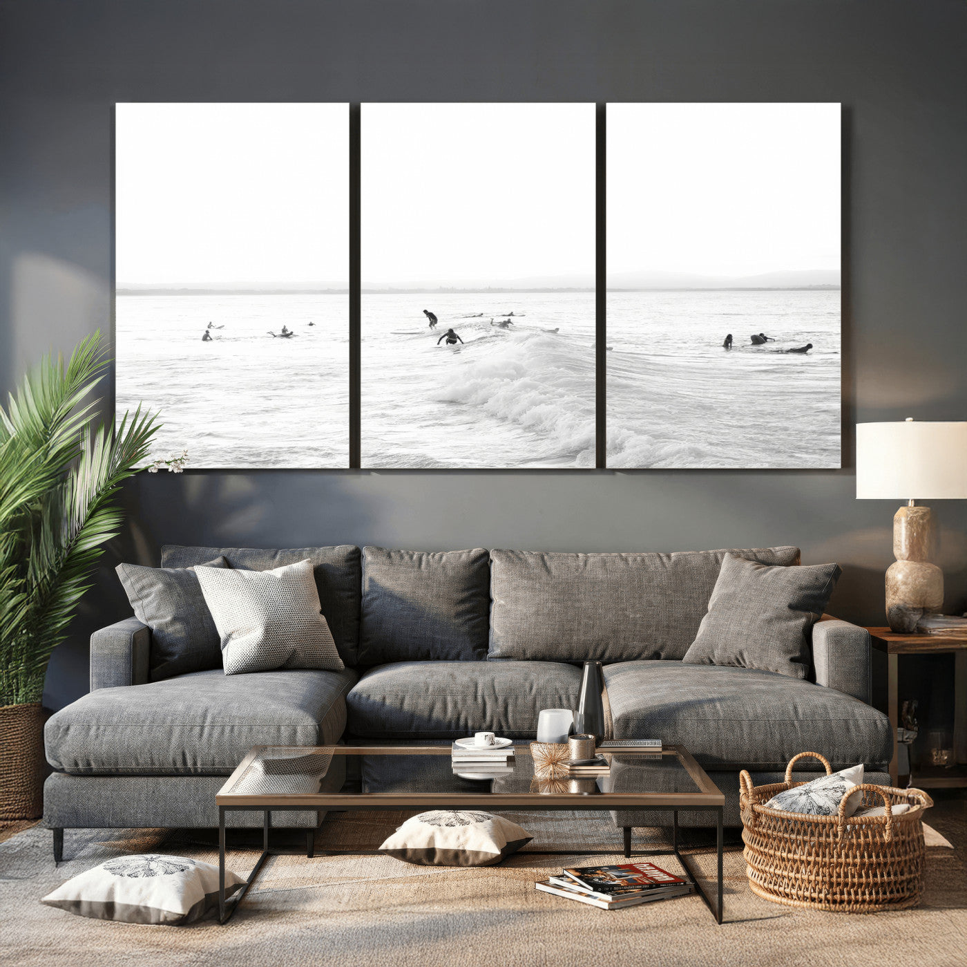 33449548-MGV-CV-36X24 - Surf Crowd Motion Wall Art – Active Surfers & Ocean Waves Canvas Print, Dynamic Water and Coastal Horizon for Living Room or Sea Adventure Decor