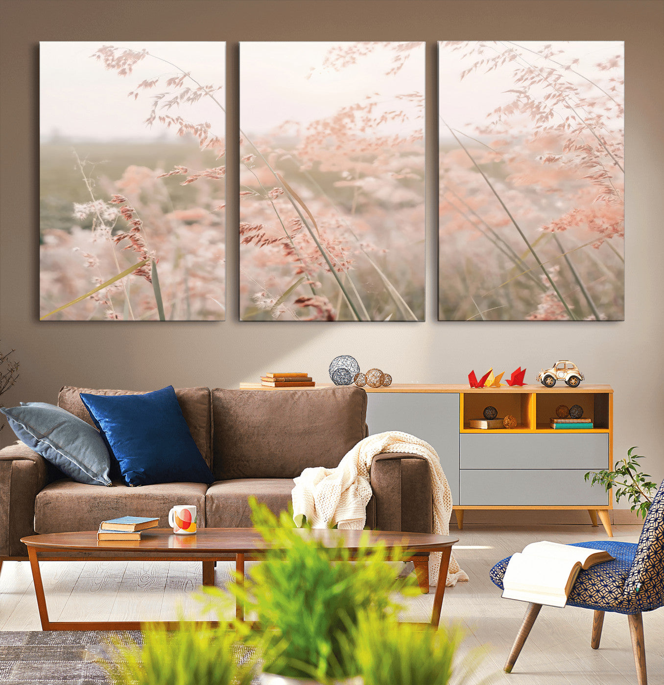 -Pastel Grasses Wall Art Canvas Print, Framed Soft Meadow Art Picture Print, Field in Breeze Perfect Soft Pastel Minimal Decor Artwork