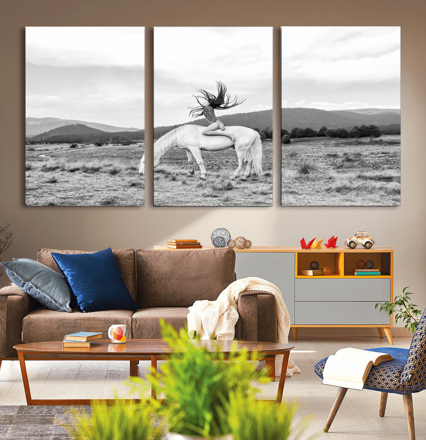 62789800-MGV-CV-36X24-White Horse Wall Art Canvas Print – Framed Woman Rider Equestrian Pose Western Boho Elegant Artwork for Home Office