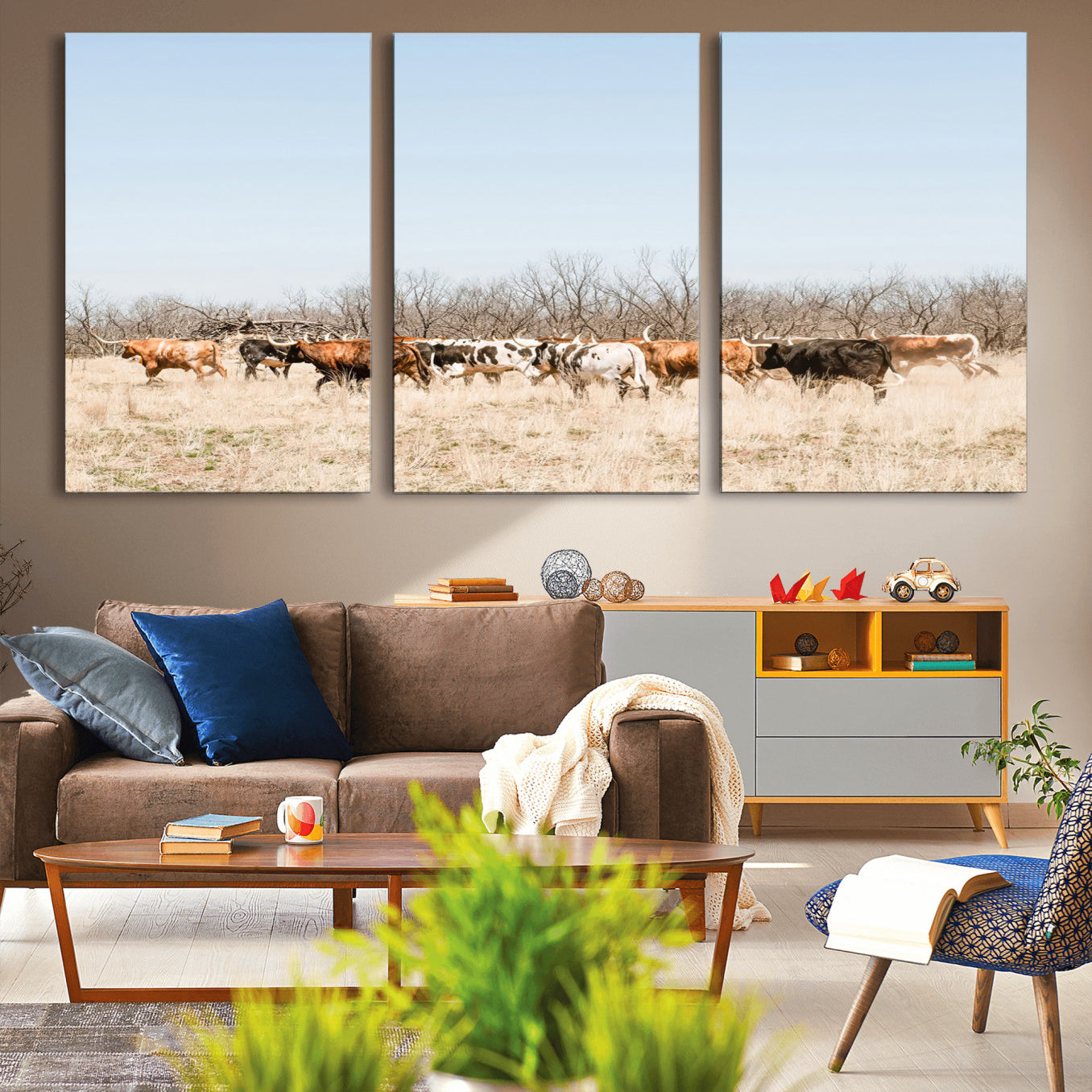 16563092-MGV-CV-36X24-Texas Longhorns Wall Art Canvas Print – Framed Western Cattle Rustic Herd Farmhouse Country Animal Artwork for Home Office