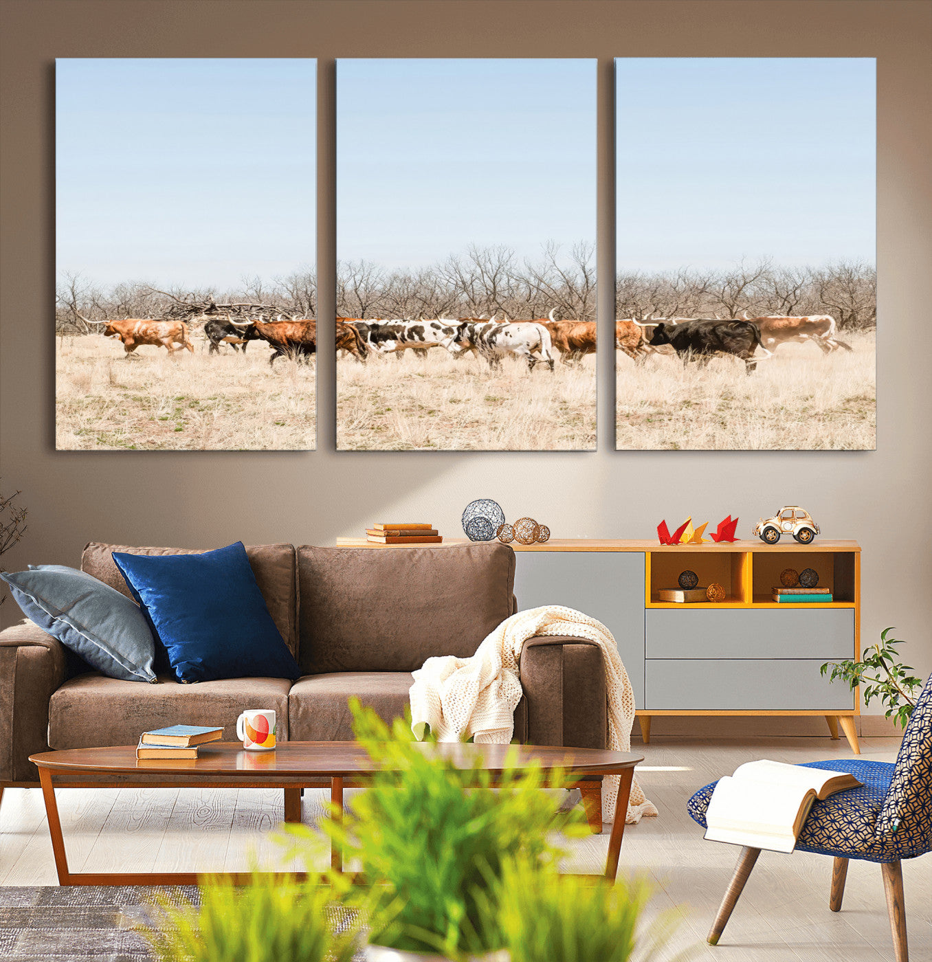 -Texas Longhorns Wall Art Canvas Print, Framed Western Cattles Art Picture Print, Rustic Herd Perfect Rustic Farmhouse Decor Artwork