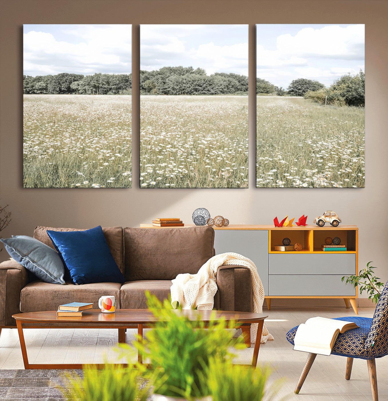 43258946-MGV-CV-36X24-Charming Daisy Field Wall Art Canvas Print – Framed Pastel Flower Meadow Bloom Scandinavian Minimal Artwork for Home Office