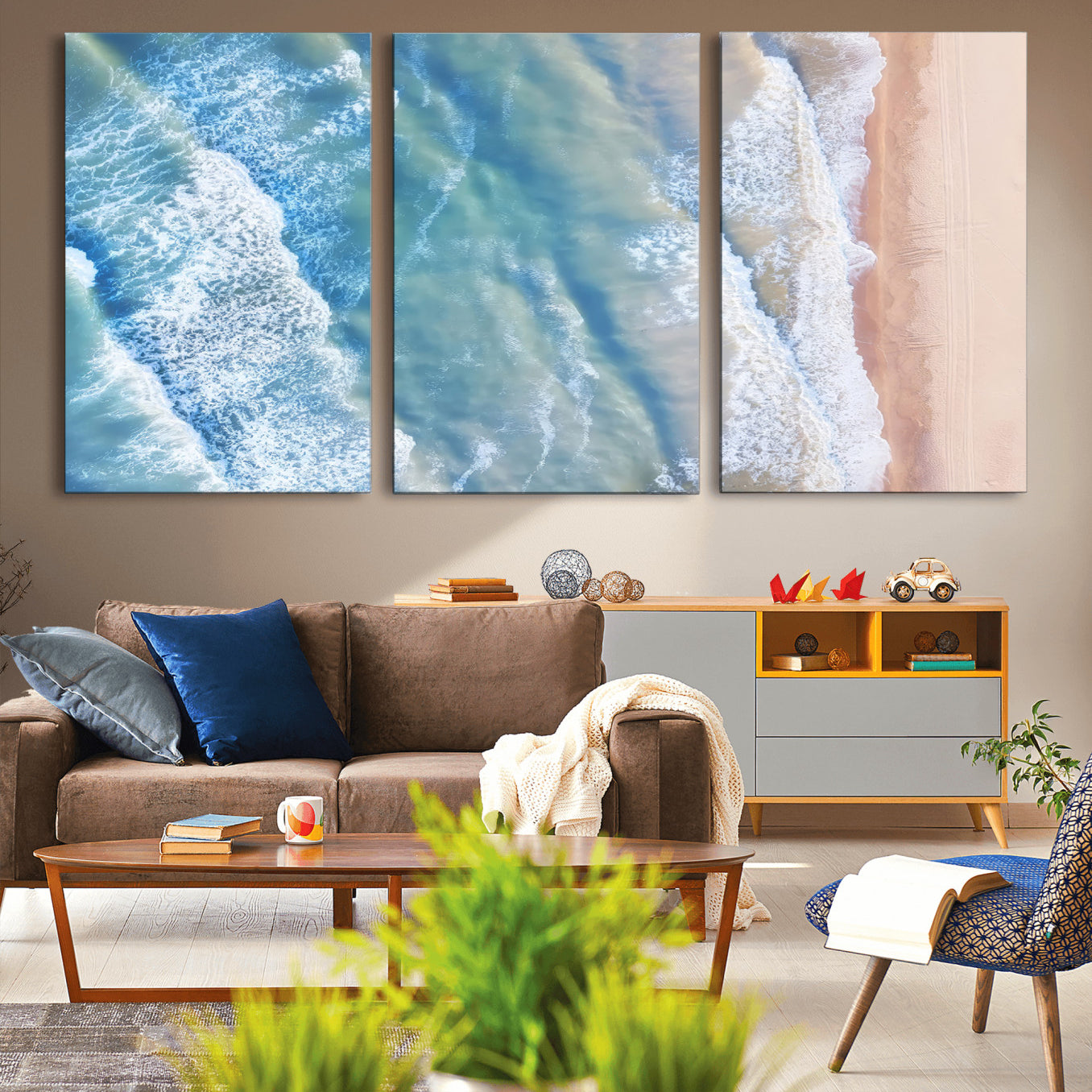 -Aerial Ocean View Wall Art Canvas Print, Framed Soft Blue Waves Art Picture Print, Sandy Shoreline Perfect Modern Coastal Decor Artwork