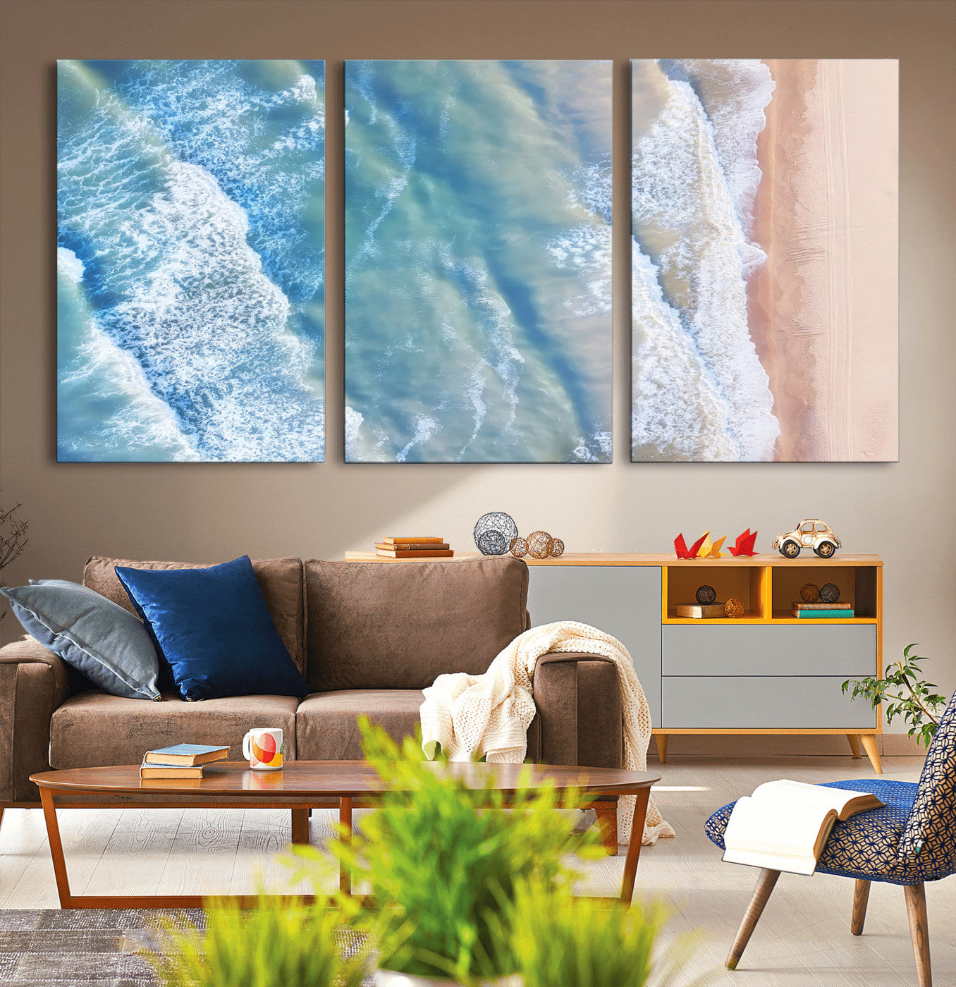 -Aerial Ocean View Wall Art Canvas Print, Framed Soft Blue Waves Art Picture Print, Sandy Shoreline Perfect Modern Coastal Decor Artwork