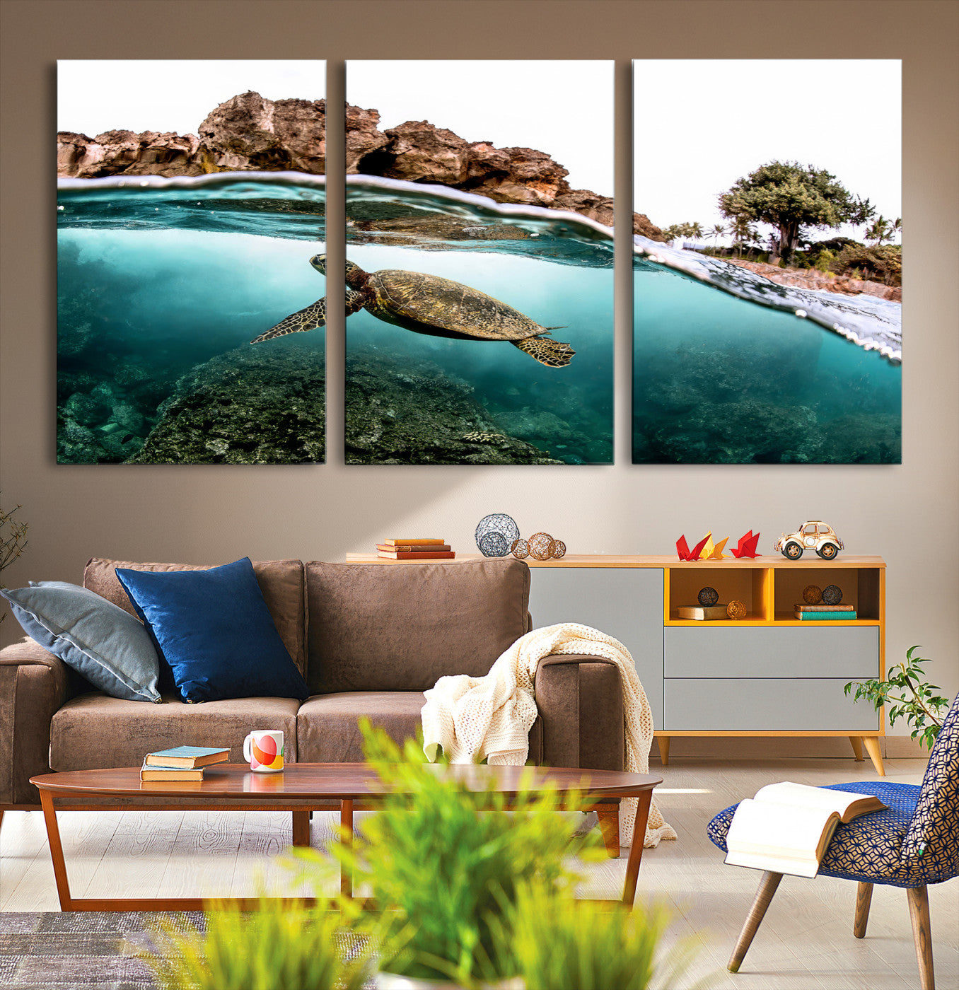 -Sea Turtle Wall Art Canvas Print, Framed Ocean Life Art Picture Print, Tropical Perfect Coastal