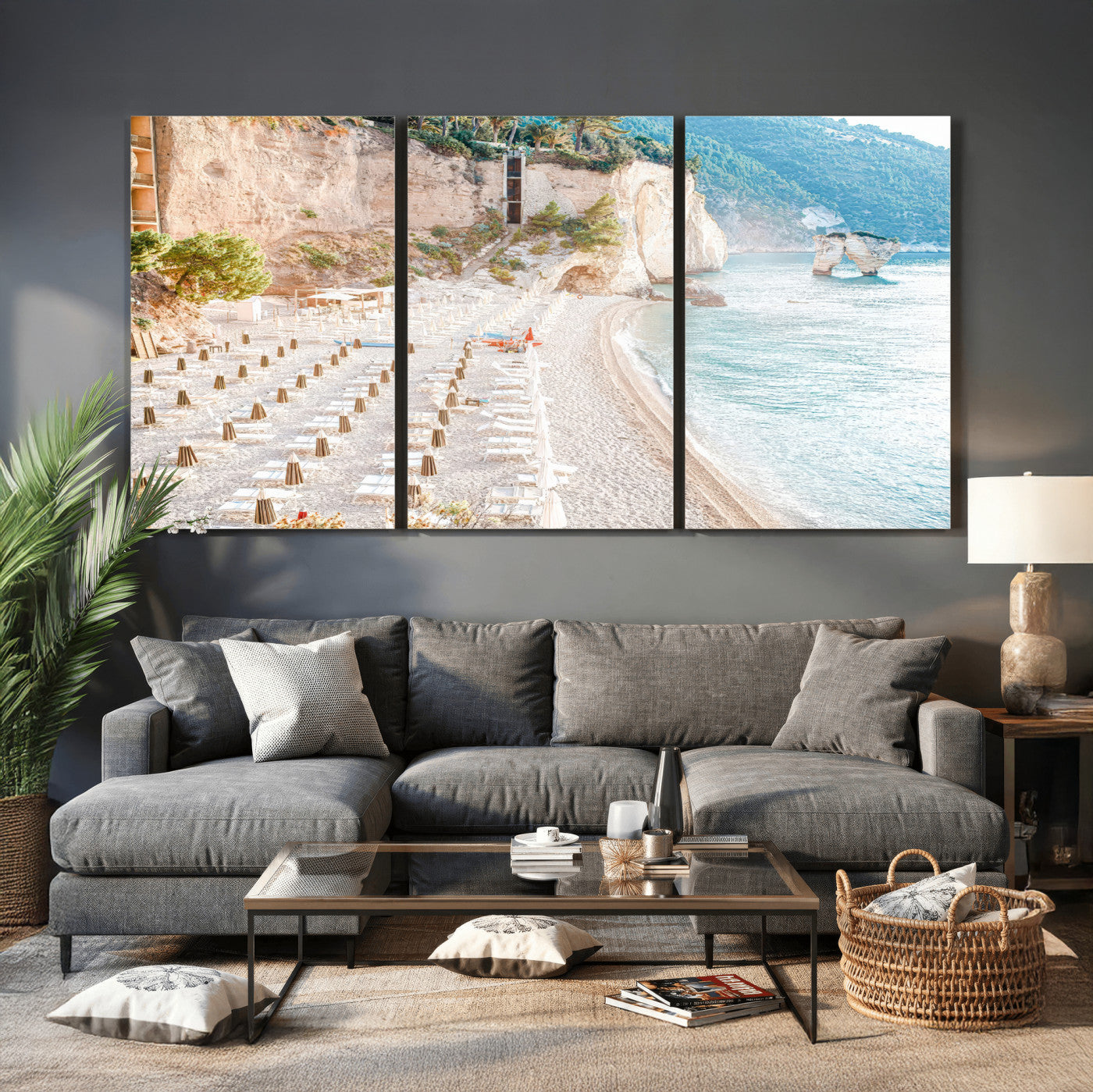 84816639-MGV-CV-36X24 - Sunny Beach Wall Art – Chairs & Umbrellas Canvas Print, Clear Water, Rocky Cliffs, Coastal Calm for Living Room or Vacation Home Decor