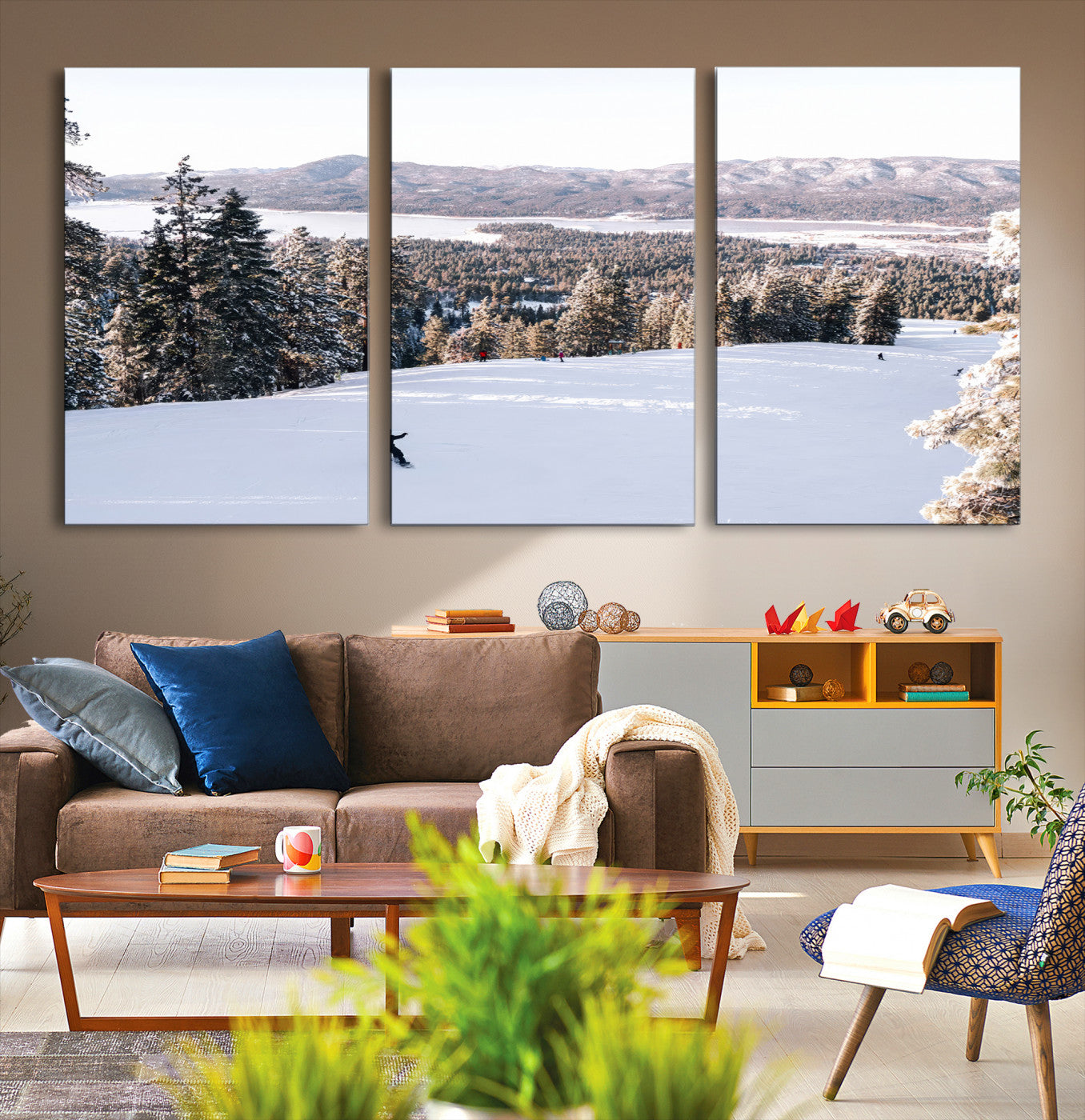 -Snowy Mountain Wall Art Canvas Print, Framed Ski Slope Art Picture Print, Winter Forest Perfect