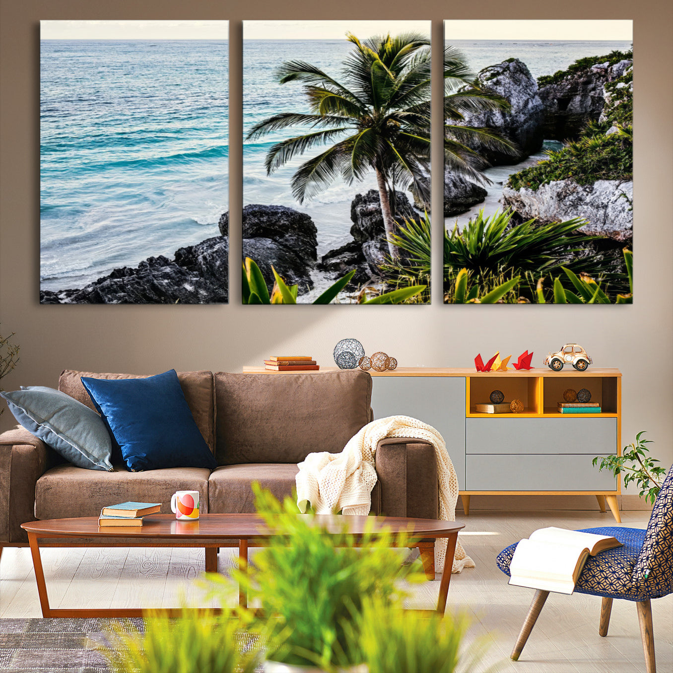 94669907-MGV-CV-36X24-Tropical Coastline Wall Art Canvas Print – Framed Palm Tree and Rocky Beach Scene Artwork for Home, Office Decor