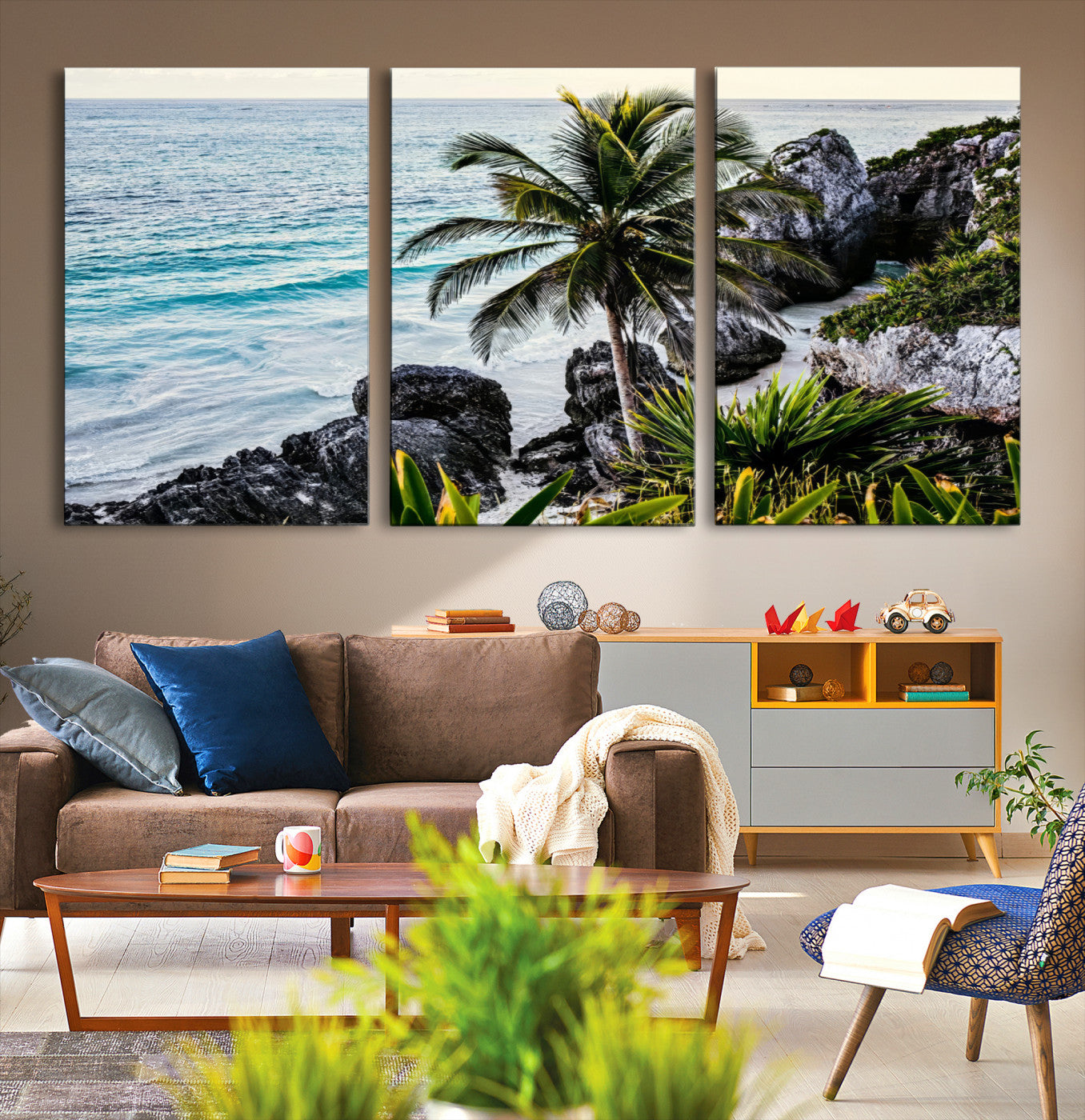 94669907-MGV-CV-36X24-Tropical Coastline Wall Art Canvas Print – Framed Palm Tree and Rocky Beach Scene Artwork for Home, Office Decor