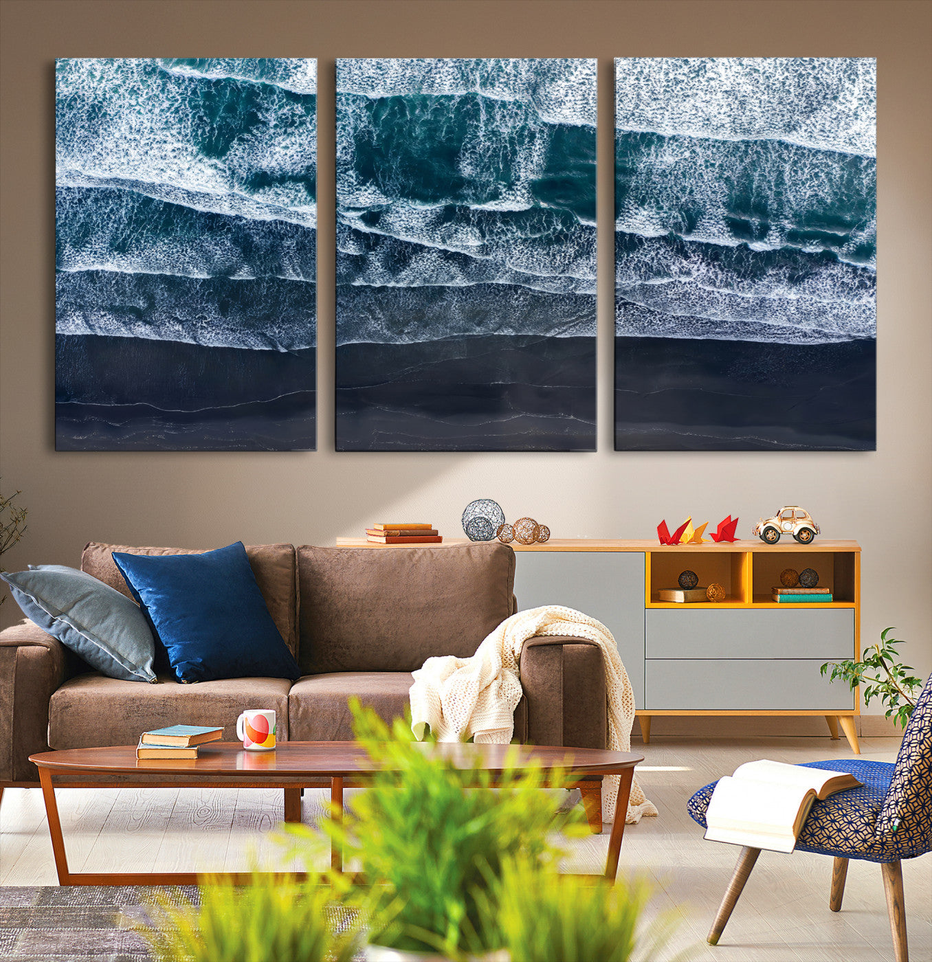 87941475-MGV-CV-36X24-Black Beach Wall Art Canvas Print – Framed Aerial Ocean View Moody Coastal Seascape Nature Artwork for Home Office