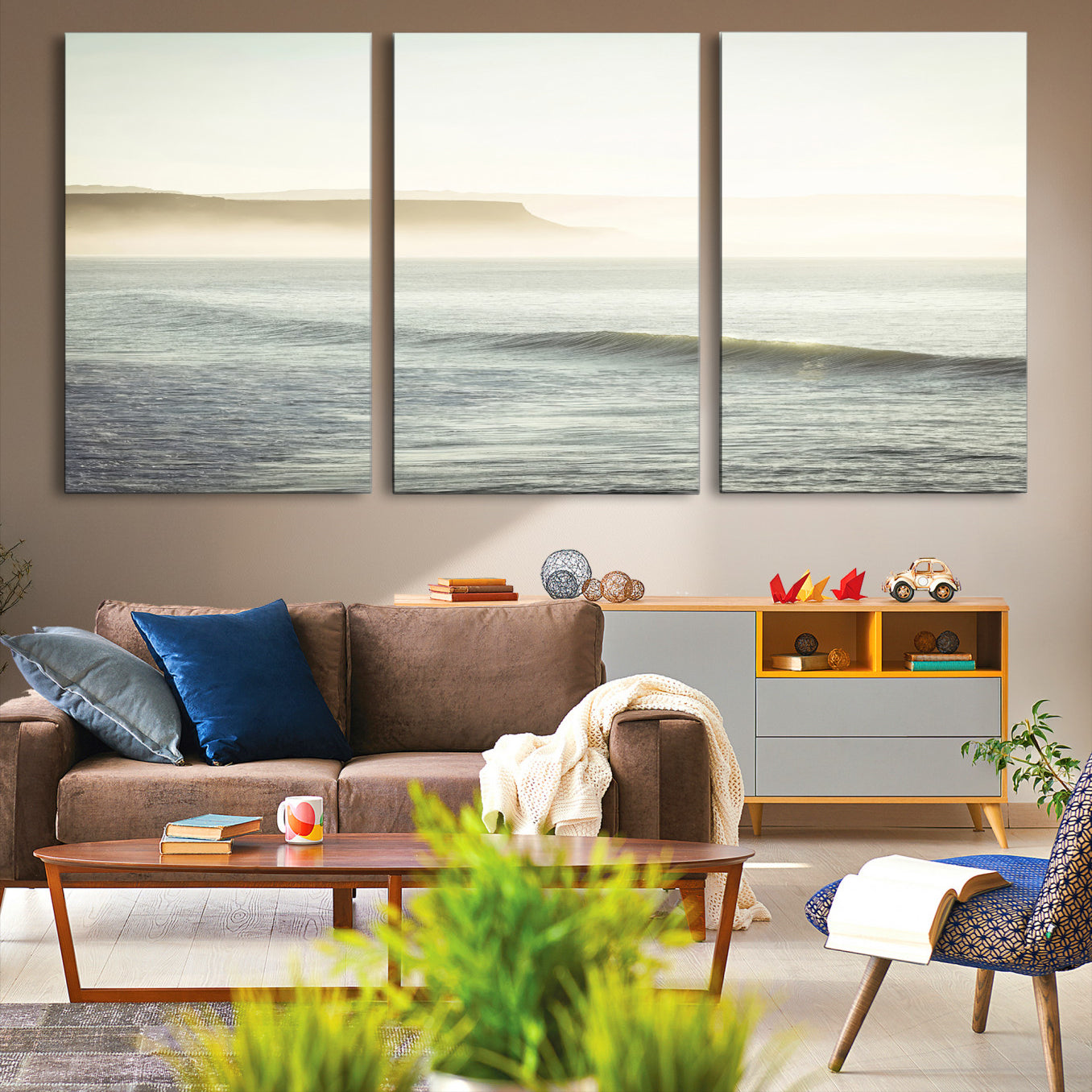 -Coastal Cliffs Wall Art Canvas Print, Framed Misty Ocean Art Picture Print, Soft Morning Perfect
