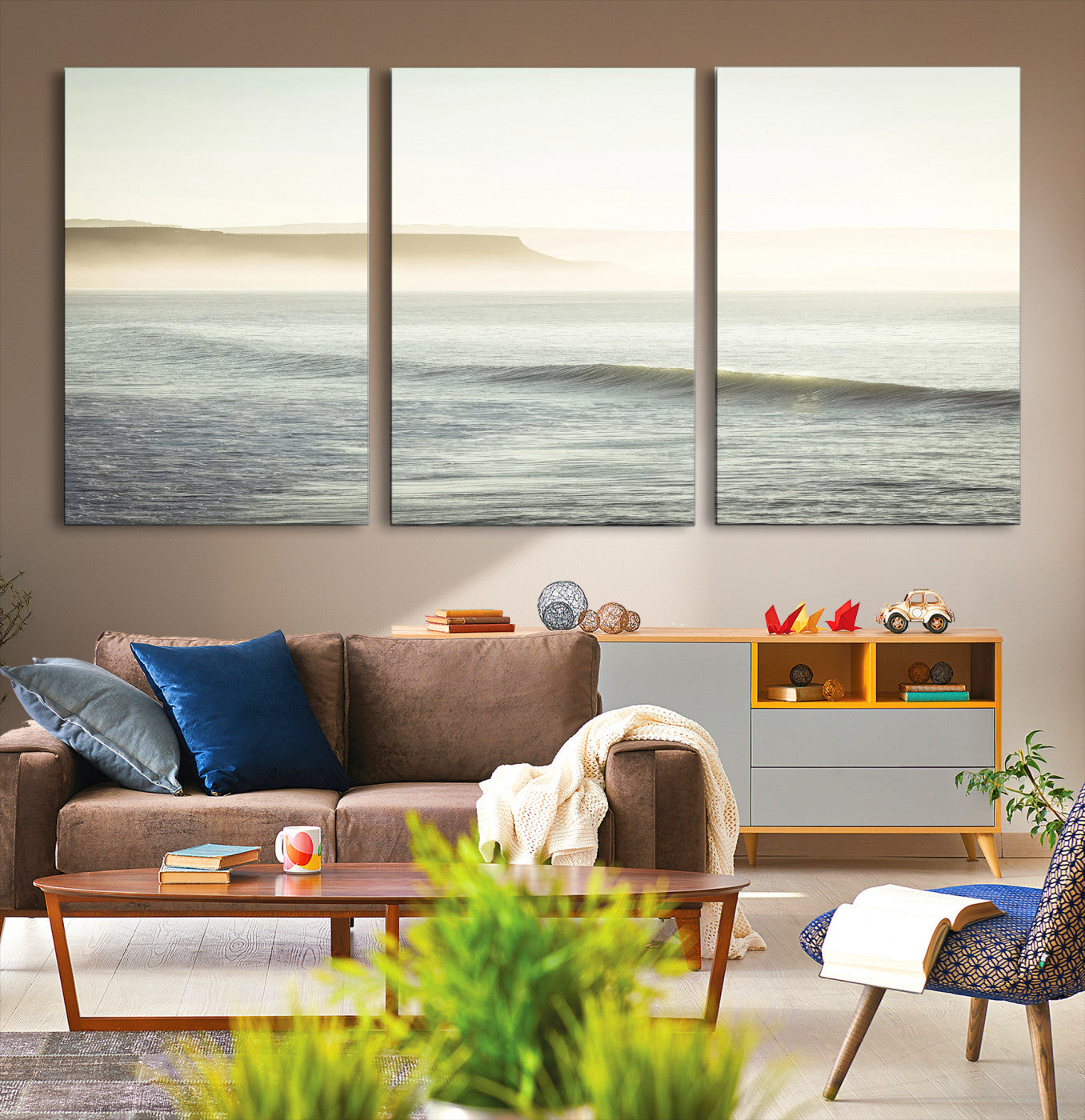 -Coastal Cliffs Wall Art Canvas Print, Framed Misty Ocean Art Picture Print, Soft Morning Perfect