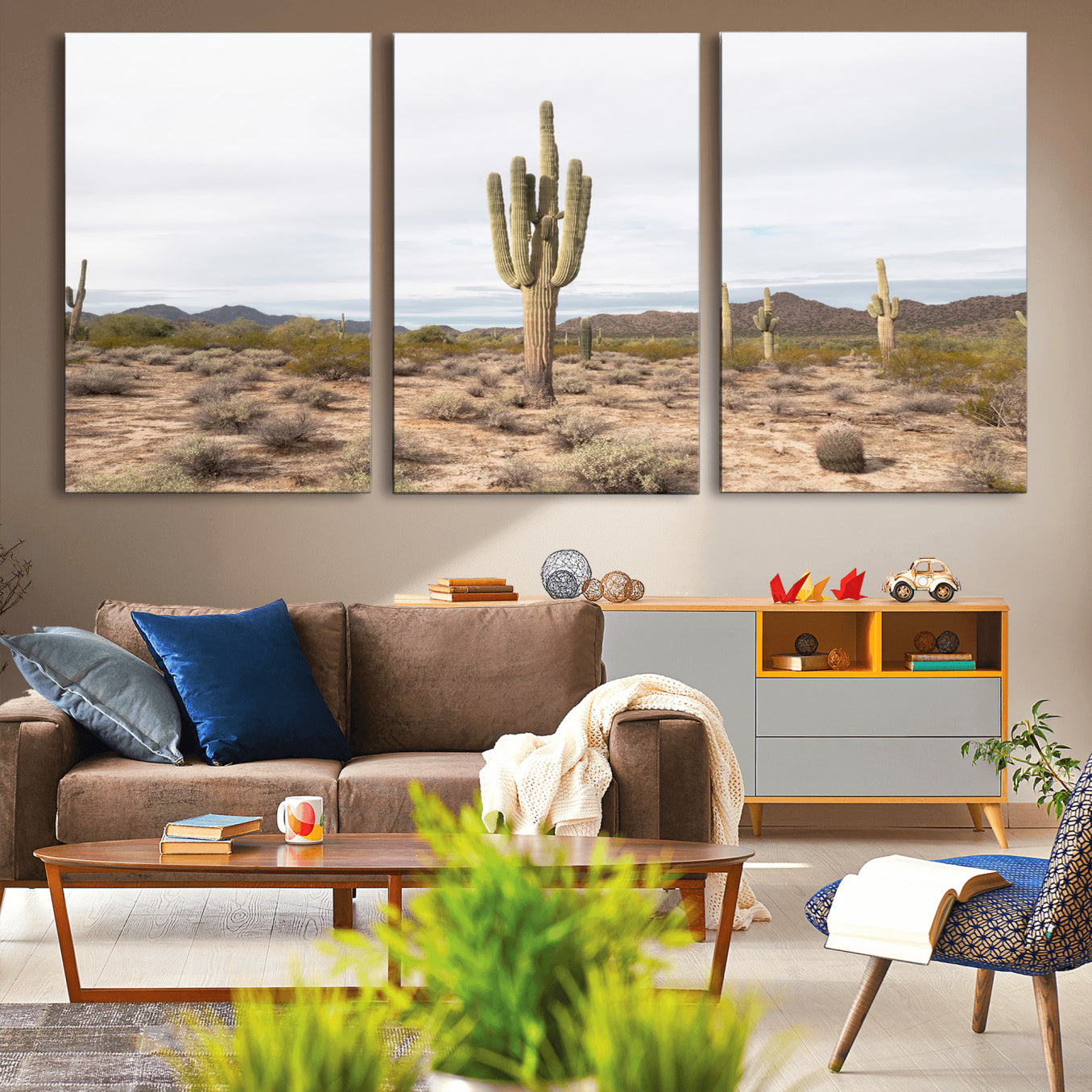 MGV-CV-60X30-3P - Saguaro Cactus Wall Art Canvas Print, Framed Desert Cactus Art Picture Print, Earthy Desert Perfect Southwestern Boho Decor Artwork