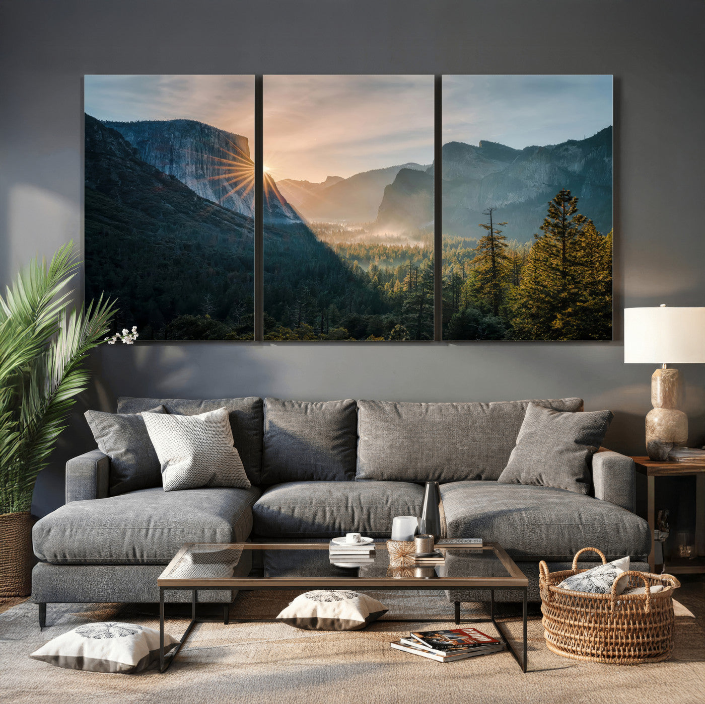 51605481-MGV-CV-36X24 - Yosemite Valley Wall Art – Misty Forest Peaks Canvas Print, Radiant Light, Tranquil Nature Landscape for Living Room or Cabin Decor