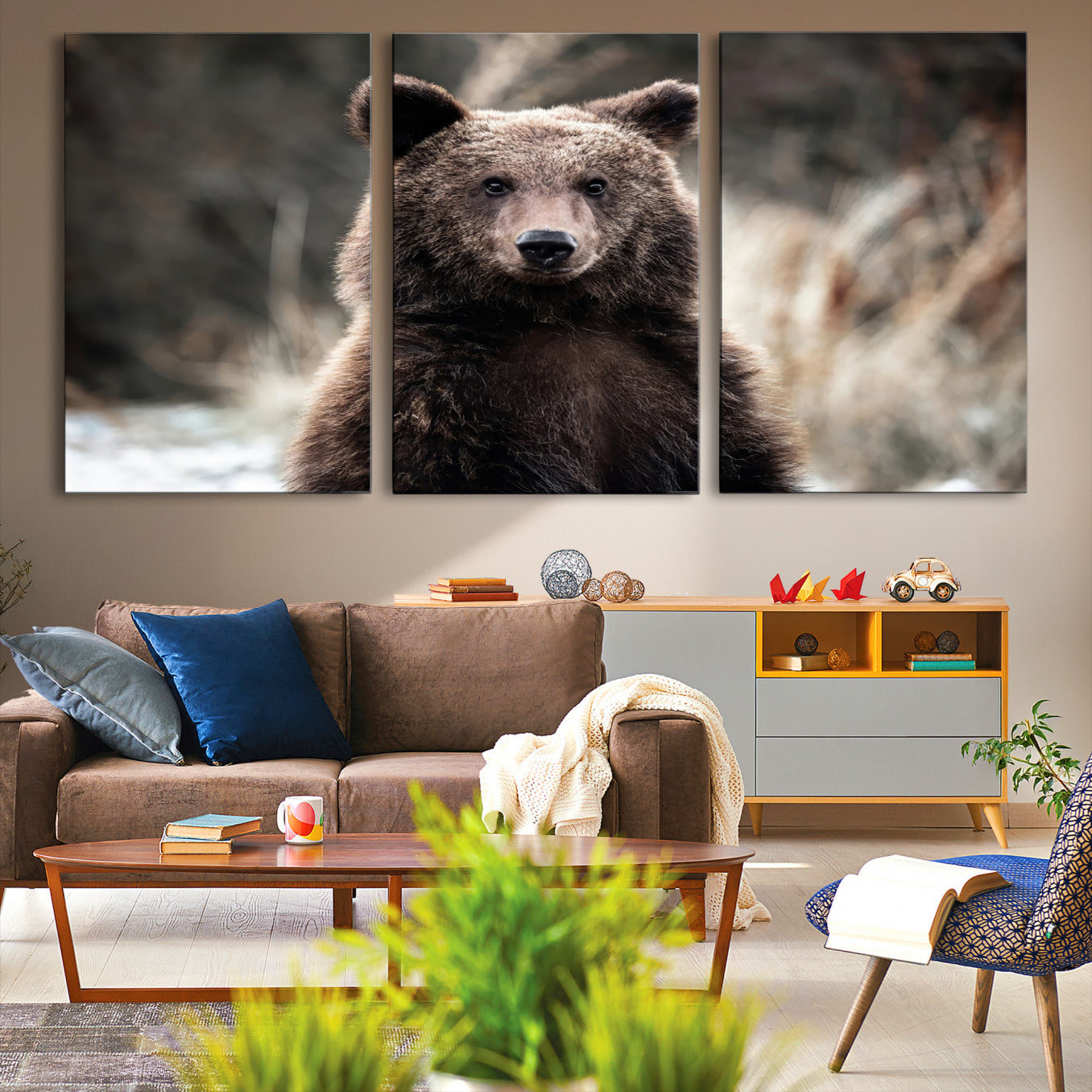 -Brown Bear Wall Art Canvas Print, Framed Wildlife Art Picture Print, Woodland Perfect Cabin Decor