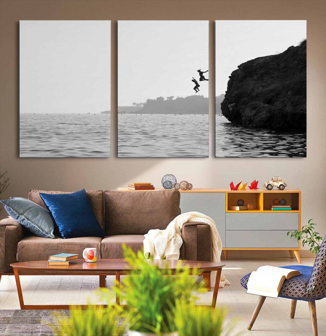 52284302-MGV-CV-36X24-Jumping Wall Art Canvas Print – Framed Coastal Ocean Scene Artwork for Relaxing Beach Home, Office Decor
