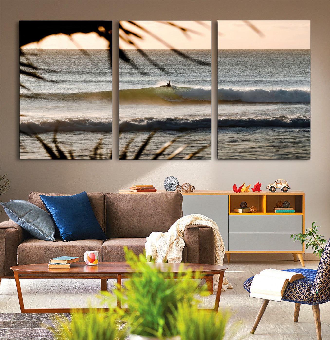 24896468-MGV-CV-36X24-Sunset Surf Wall Art Canvas Print – Framed Golden Hour Waves Scene Artwork for Boho Home, Office, Living Room Decor