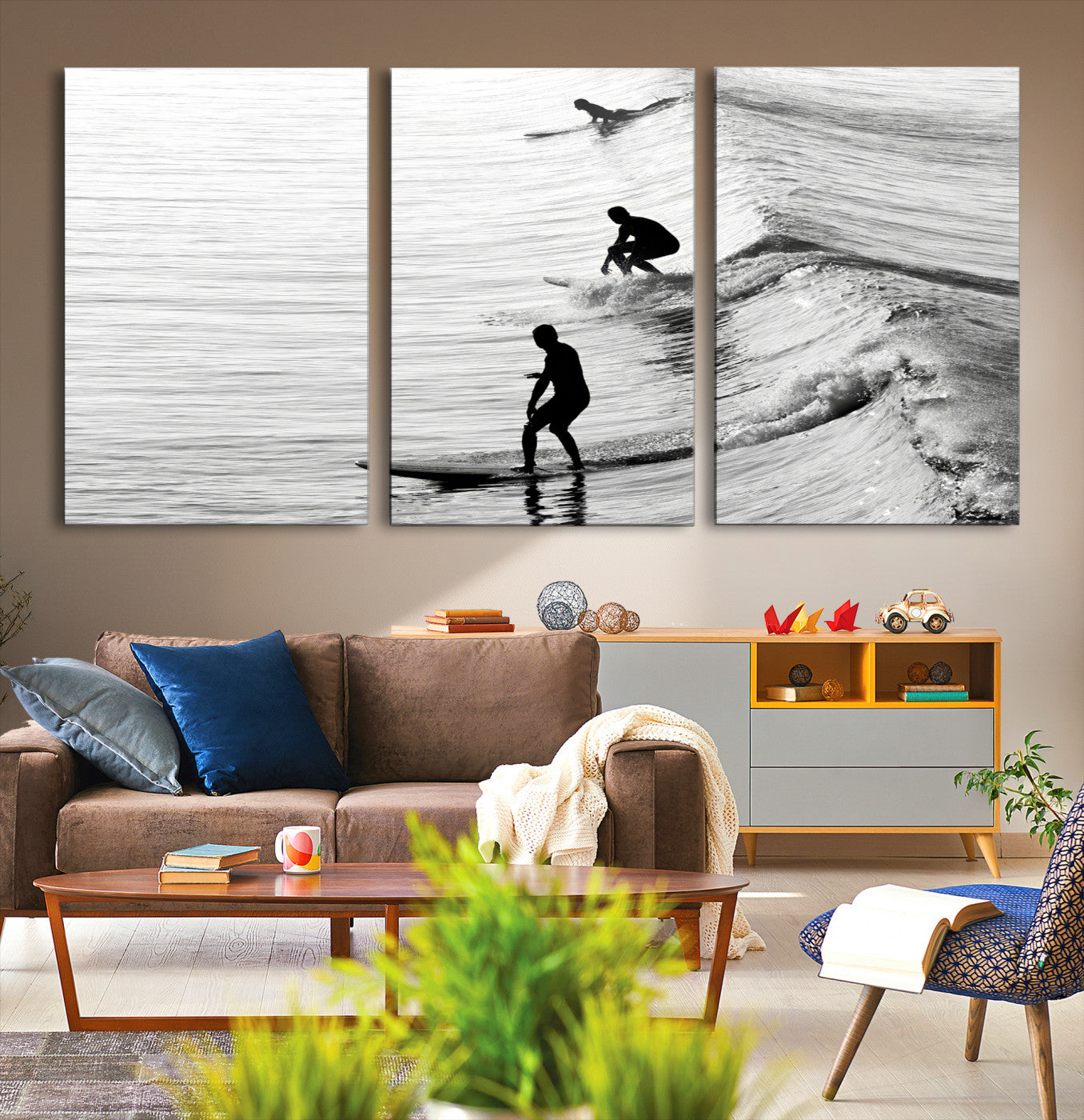 -Surfers on Waves Wall Art Canvas Print, Framed Black White Surf Art Picture Print, Monochrome Ocean