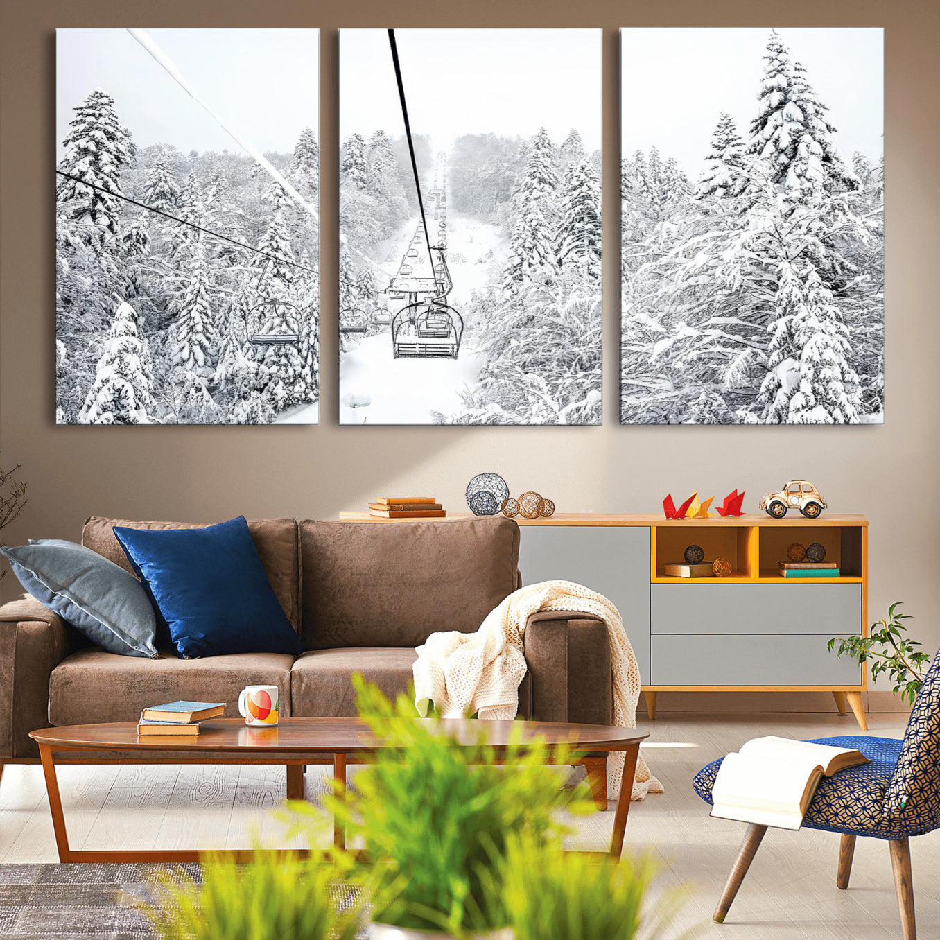 MGV-CV-60X30-3P - Winter Snow Ski Lift Wall Art Canvas Print Winter Trees Print
