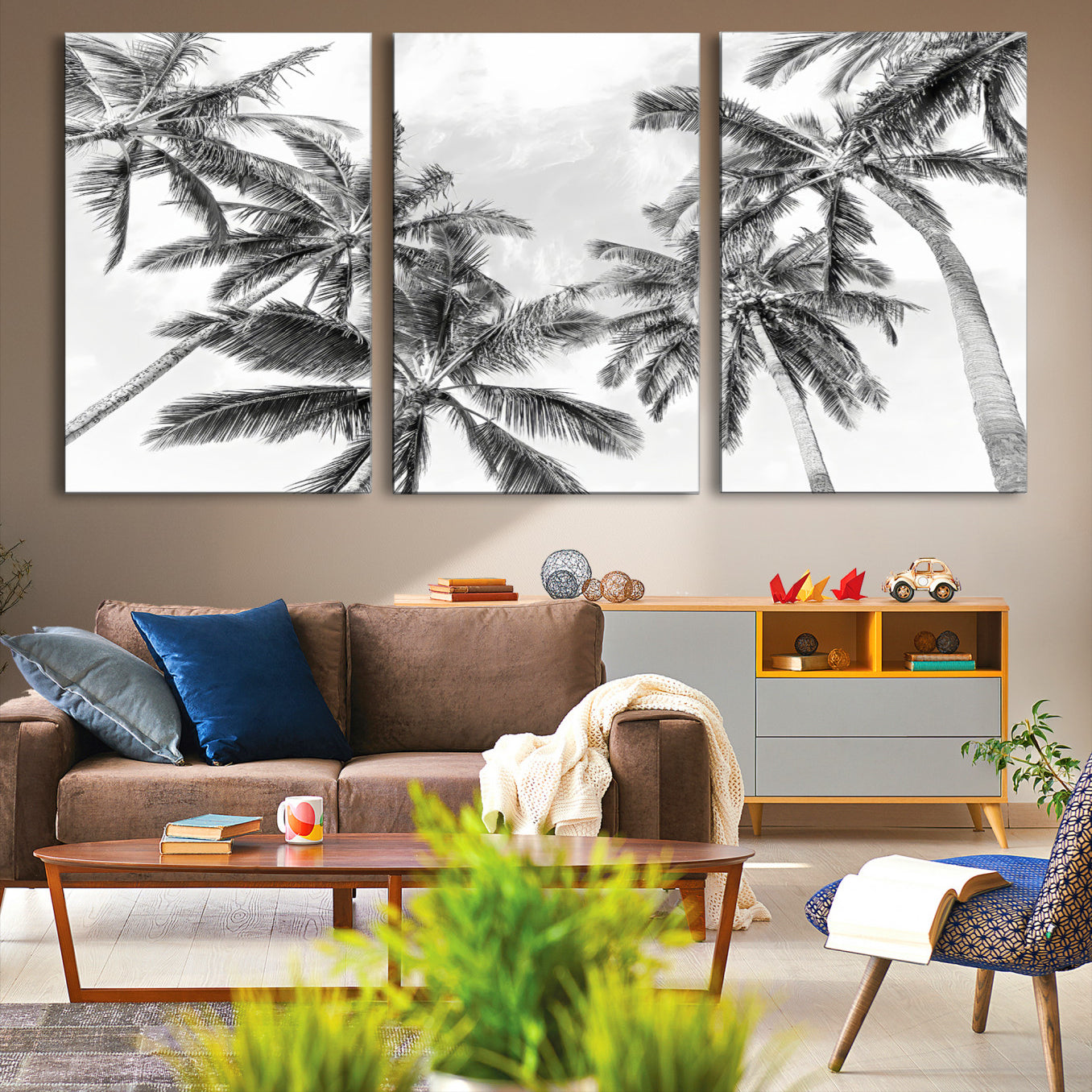 62113786-MGV-CV-36X24-Black and White Palm Wall Art Canvas Print – Framed Monochrome Tropical Beach Scene Artwork for Modern Home, Office Decor