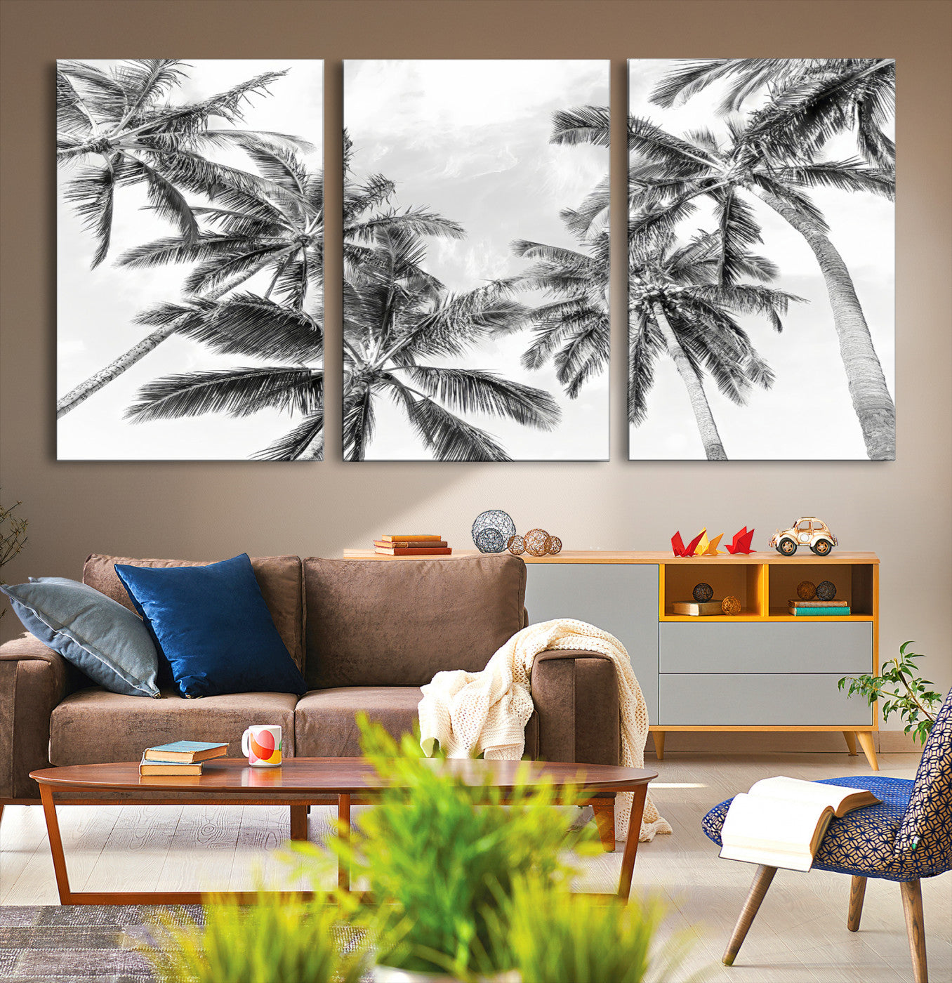 62113786-MGV-CV-36X24-Black and White Palm Wall Art Canvas Print – Framed Monochrome Tropical Beach Scene Artwork for Modern Home, Office Decor