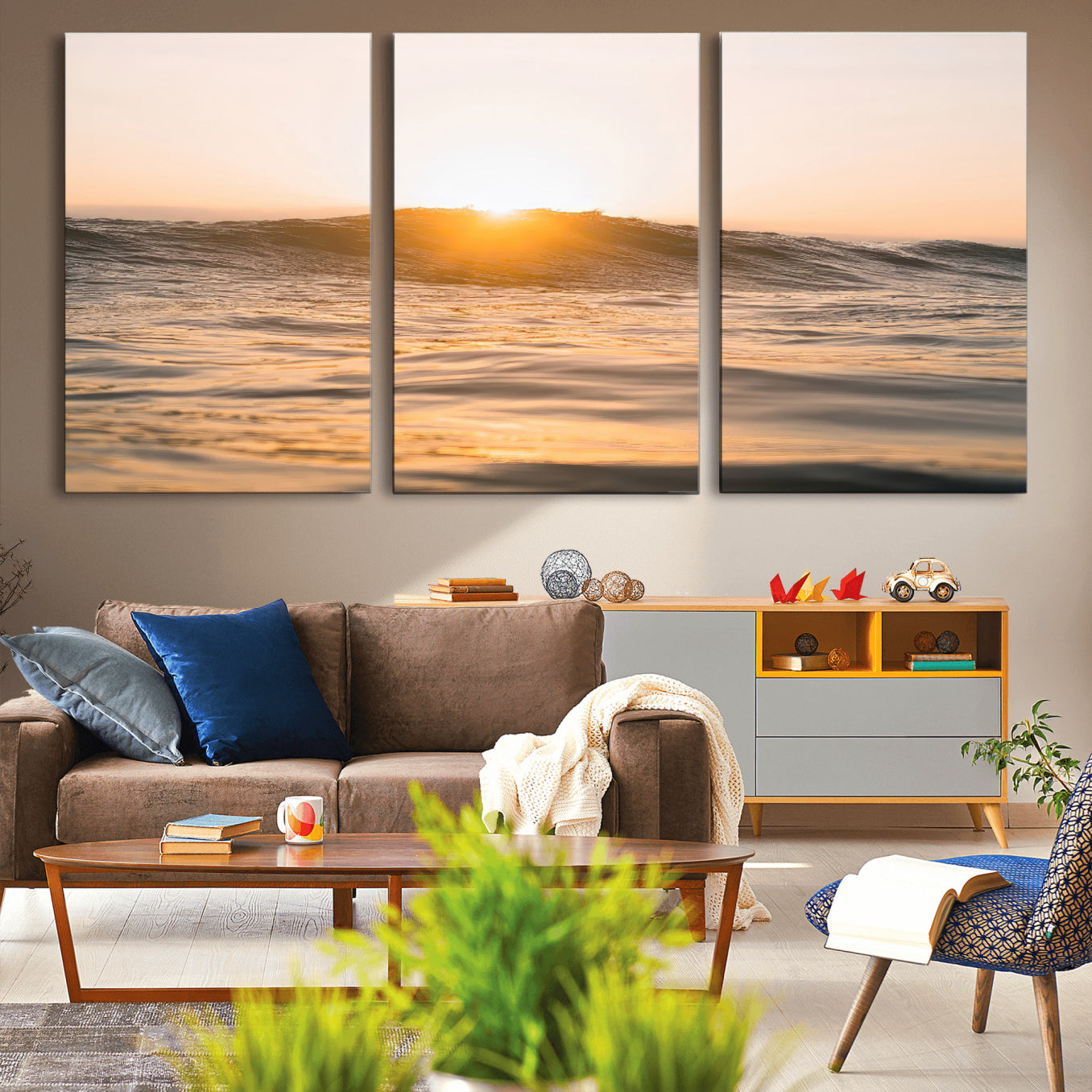 16973771-MGV-CV-36X24-Calm Water Wall Art – Framed Sunset Waves Canvas Artwork, Coastal Warm Design, Minimal Ocean Decor for Home, Office