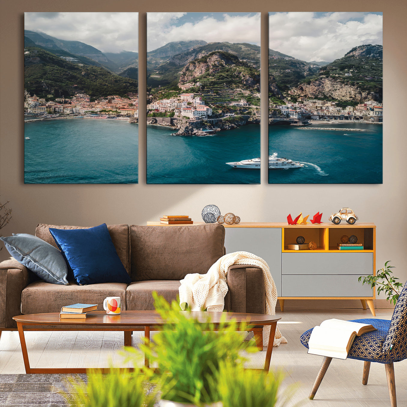 20321590-MGV-CV-36X24-Amalfi Coast Wall Art – Framed Italian Seaside Canvas Artwork, Mediterranean Landscape Design, Coastal Decor for Home, Office