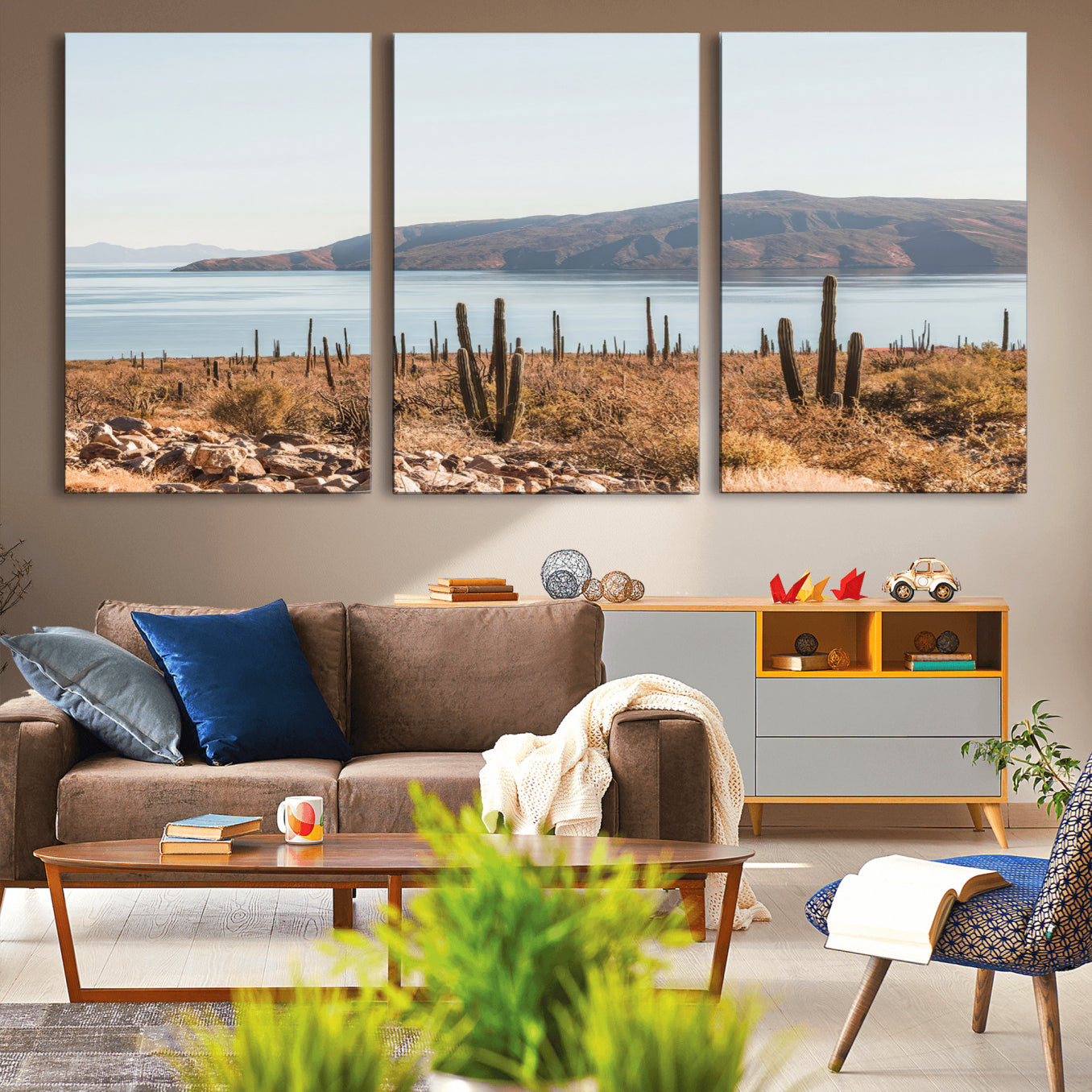 MGV-CV-60X30-3P - Desert Cactus Wall Art Canvas Print, Framed Baja Coastline Art Picture Print, Coastal Desert Perfect Southwestern Minimalist Decor Artwork