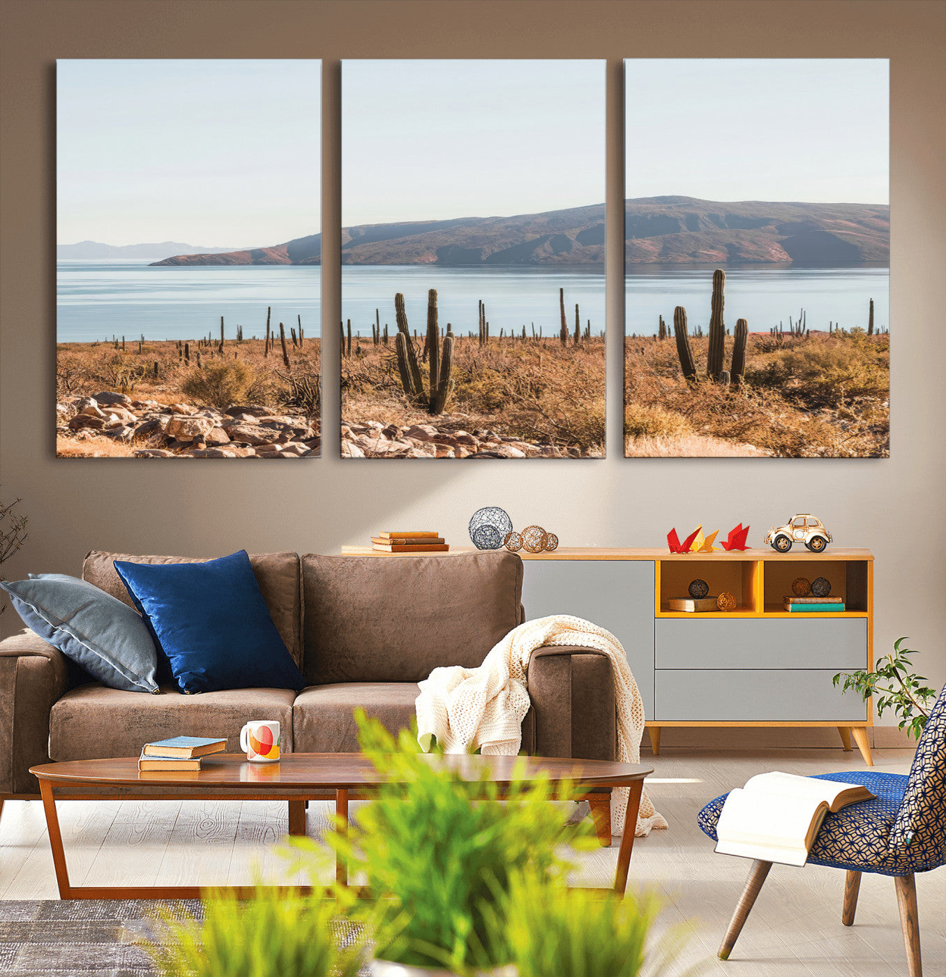 MGV-CV-60X30-3P - Desert Cactus Wall Art Canvas Print, Framed Baja Coastline Art Picture Print, Coastal Desert Perfect Southwestern Minimalist Decor Artwork