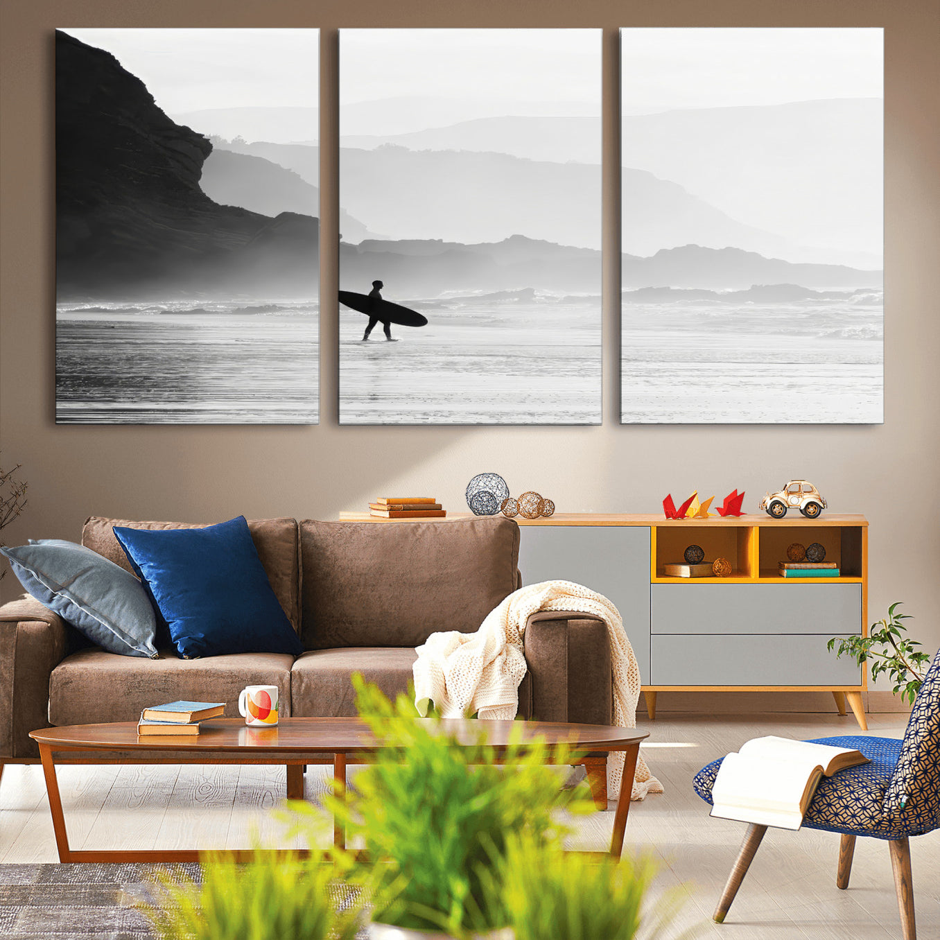 MGV-CV-60X30-3P - Surfer In Fog Wall Art Canvas Print, Framed Moody Shoreline Art Picture Print, Cliffside Waves Perfect Minimalist Coastal Decor Artwork