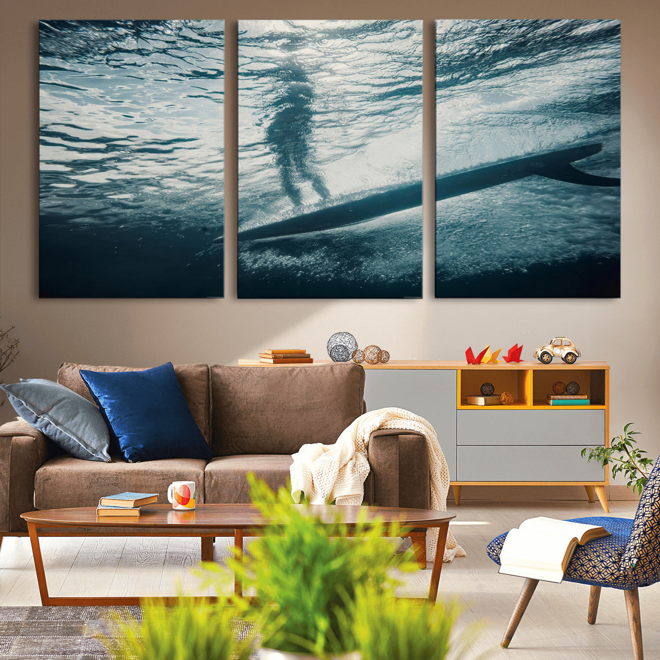 MGV-CV-60X30-3P - Submerged Surf Wall Art Canvas Print, Framed Underwater Perspective Art Picture Print, Ocean Surf Perfect Coastal Adventure Decor Artwork