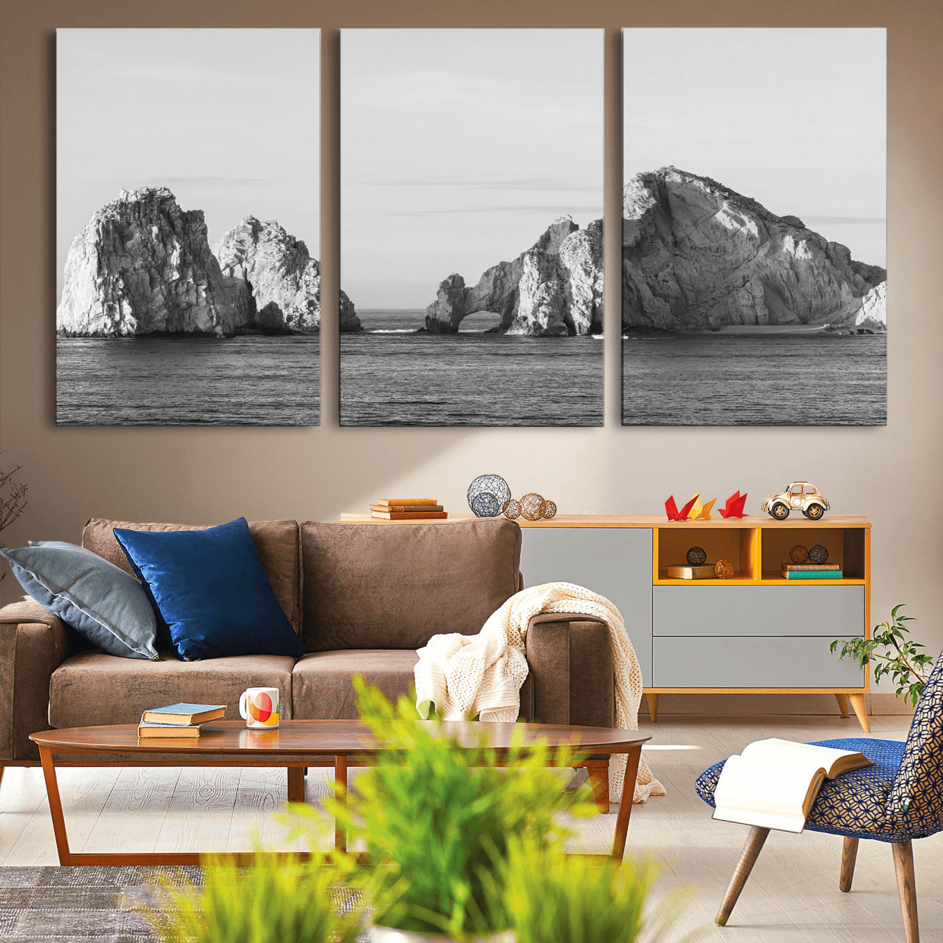MGV-CV-60X30-3P - Rugged Coastline Wall Art Canvas Print, Framed Ocean Cliffs Art Picture Print, Monochrome Seascape Perfect Coastal Minimalist Decor Artwork