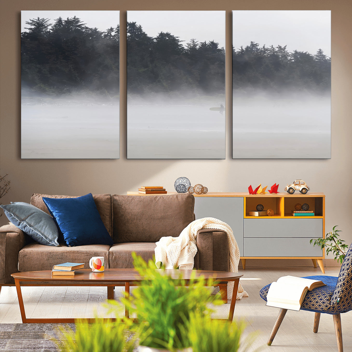 59703275-MGV-CV-36X24-Surfer Fog Wall Art Canvas Print – Framed Foggy Beach Scene with Coastal Surf Artwork for Home, Office, Living Room