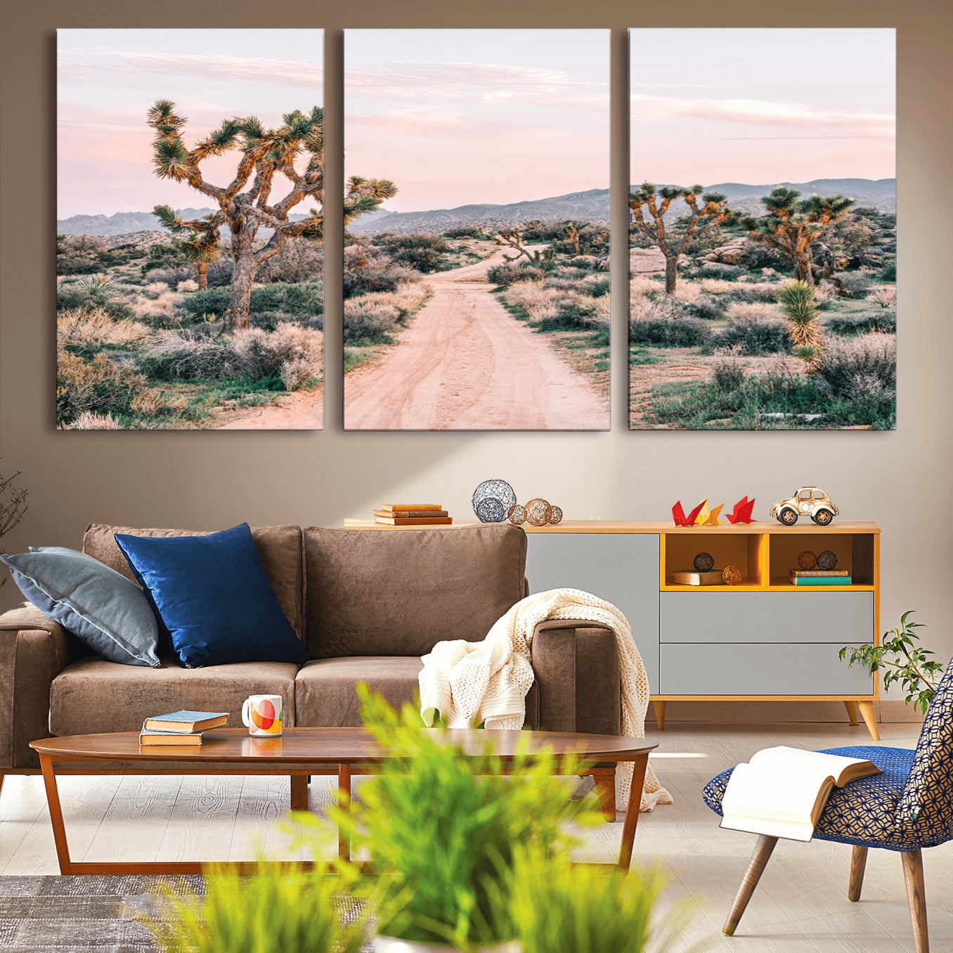 MGV-CV-60X30-3P - Desert Trail Wall Art – Canvas Print of Joshua Trees & Sunset Glow, Sandy Path Wilderness, Scenic Nature Escape Decor for Living Room, Office or Bedroom