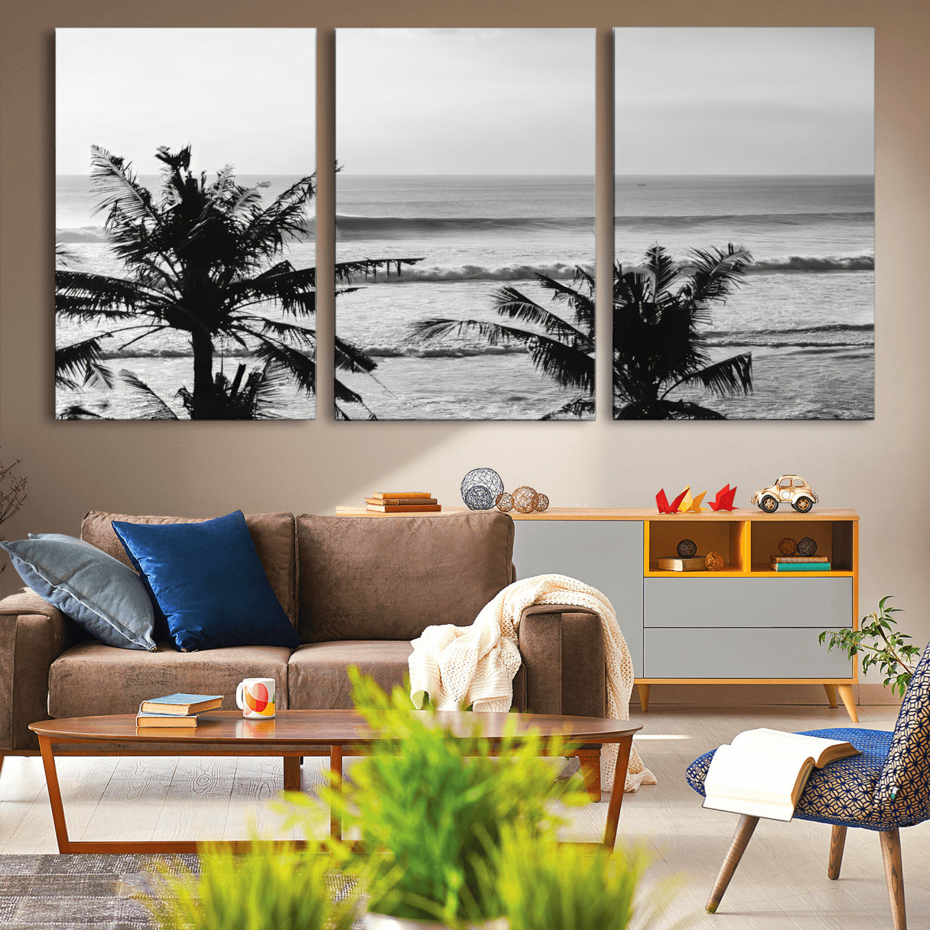 17508038-MGV-CV-36X24-Tropical Coastline Wall Art Canvas Print – Framed Palm Trees Scene with Ocean Waves Artwork for Home, Office