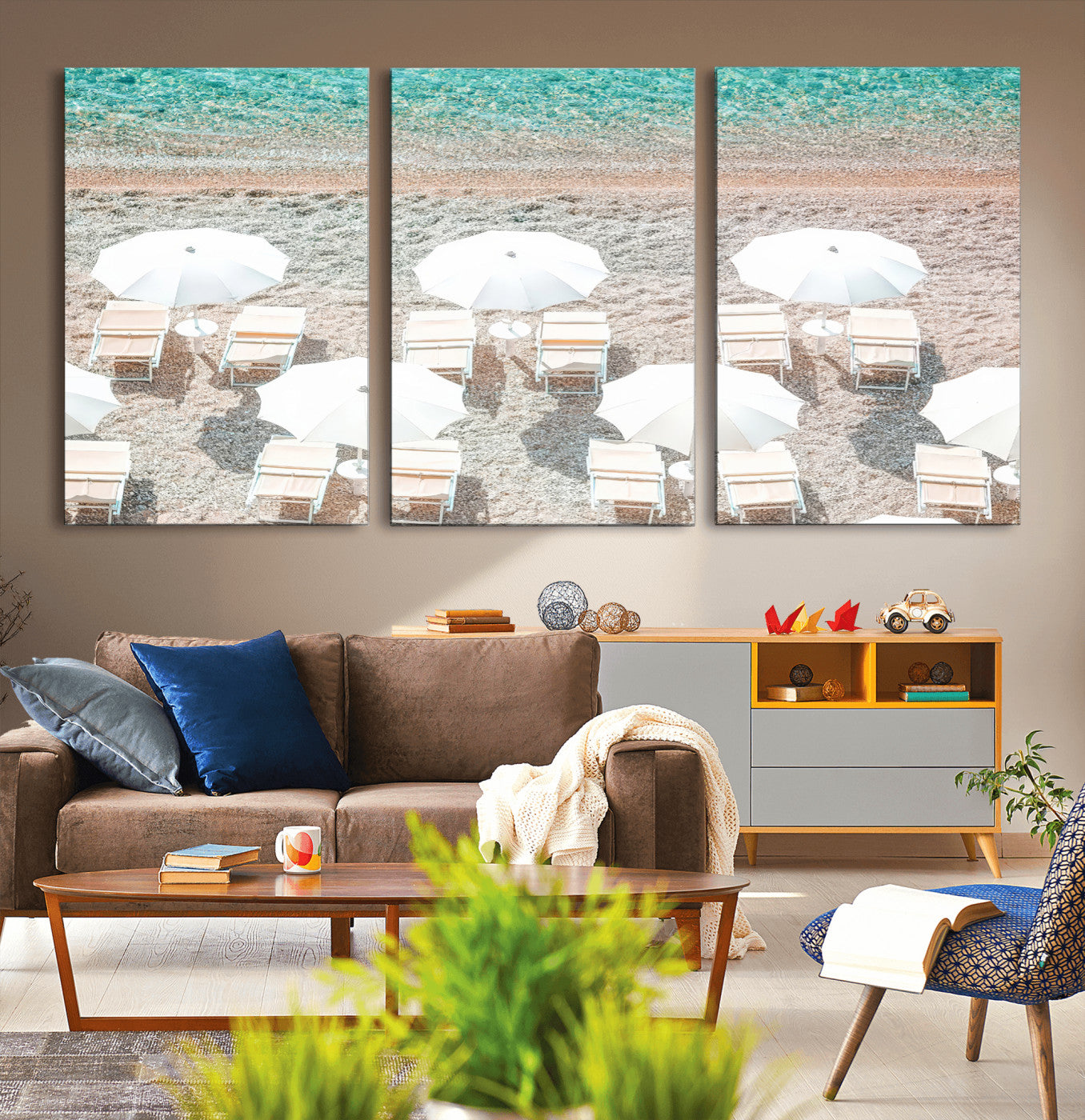 MGV-CV-60X30-3P - Calm Beach Wall Art Canvas Print, Framed Turquoise Water Art Picture Print, Umbrella Shoreline Perfect Coastal Minimalist Decor Artwork