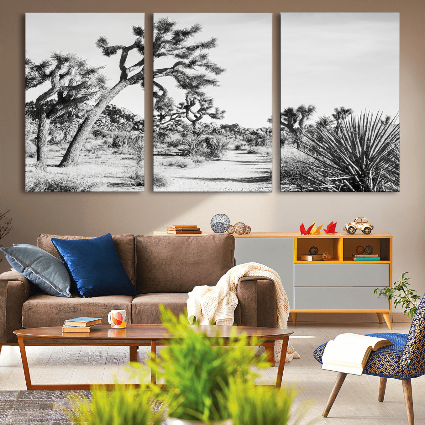 MGV-CV-60X30-3P - Joshua Tree Desert Wall Art – Black & White Canvas Print of Desert Landscape, Nature Serenity Decor for Guest Room, Office or Living Room