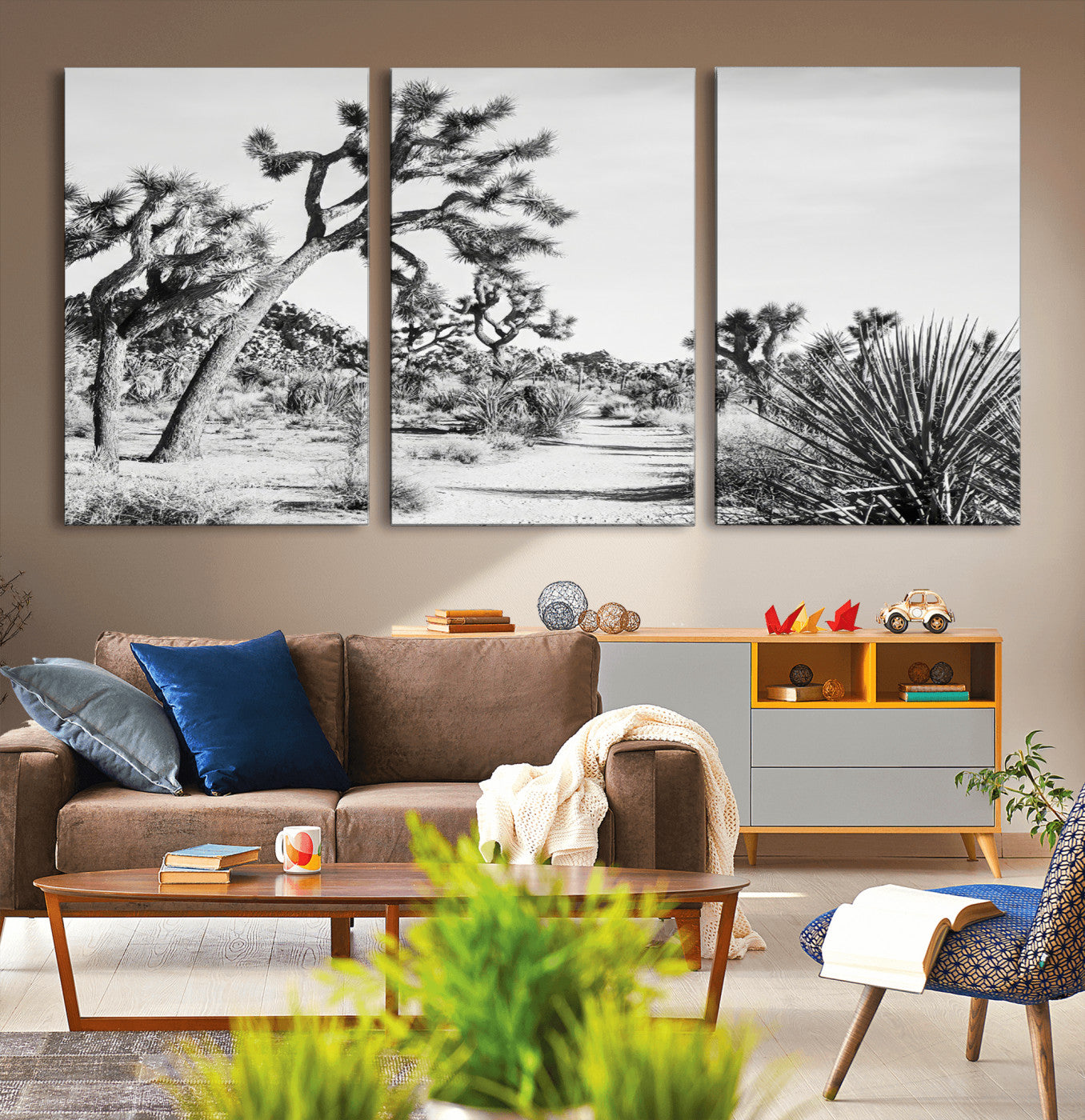 MGV-CV-60X30-3P - Joshua Tree Desert Wall Art – Black & White Canvas Print of Desert Landscape, Nature Serenity Decor for Guest Room, Office or Living Room