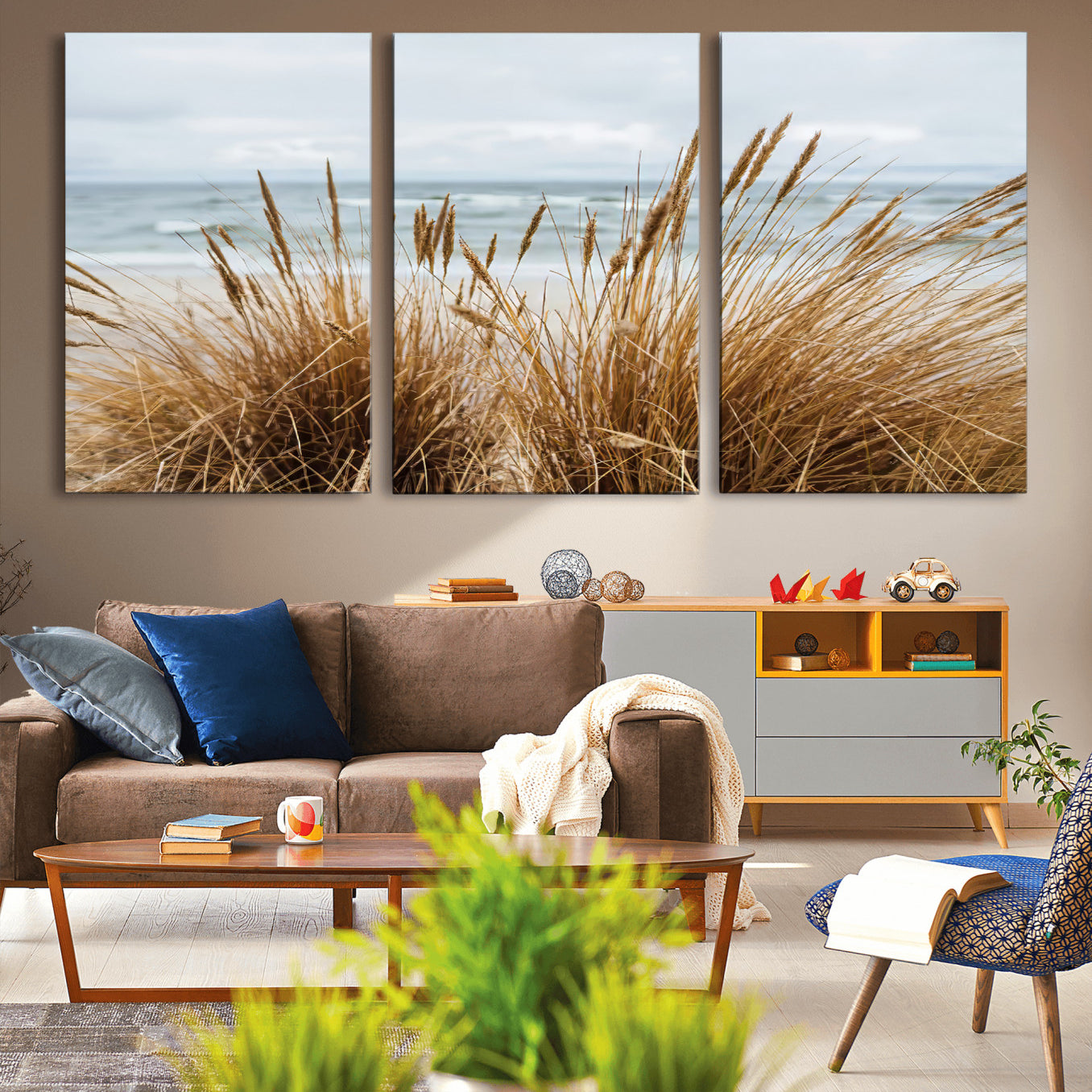 14270839-MGV-CV-36X24-Beach Grass Wall Art – Framed Coastal Dunes Canvas Artwork, Minimal Seaside Design, Modern Coastal Decor for Home, Office