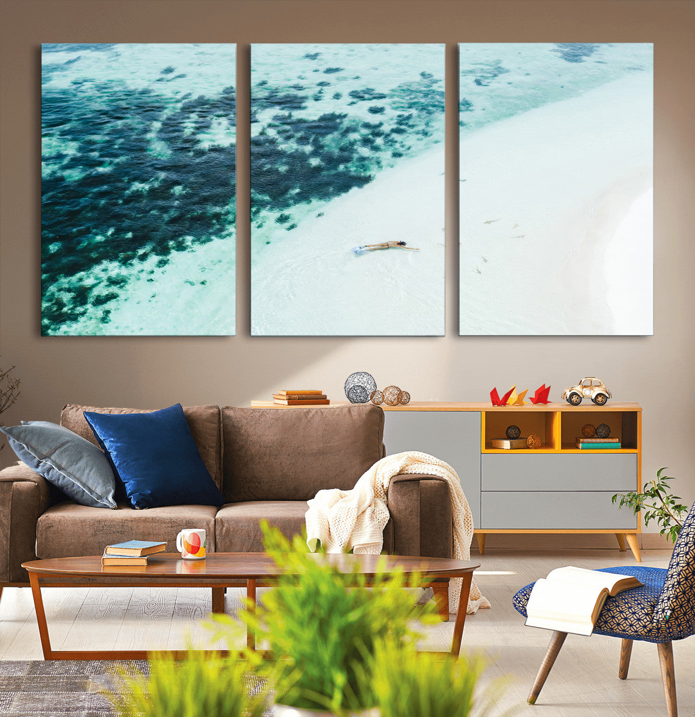 33764764-MGV-CV-36X24-Minimal Beach Wall Art – Framed Ocean Swimming Canvas Artwork, Clear Blue Sea Design, Modern Coastal Decor for Home, Office